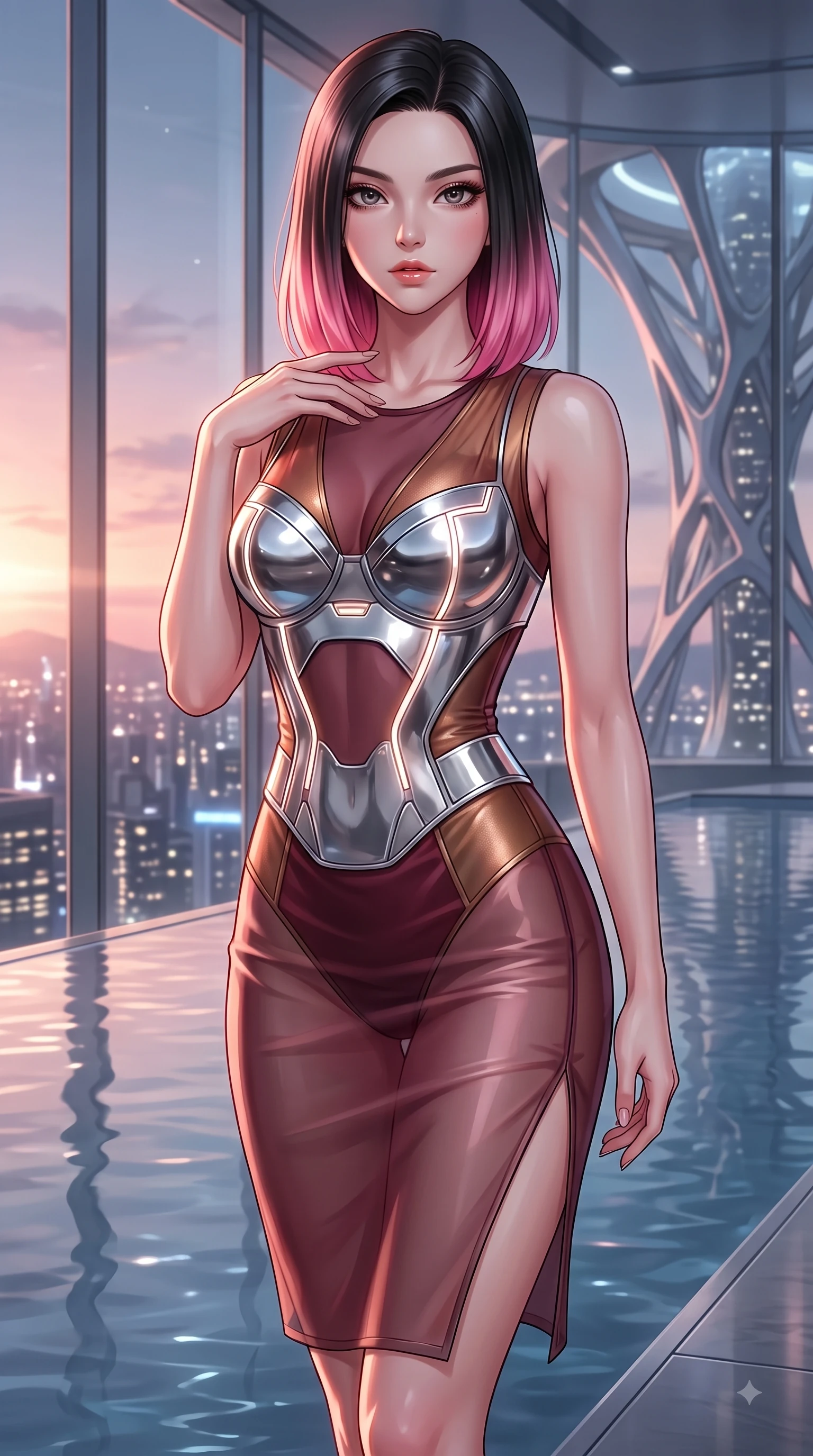 score_9, masterpiece, best quality, ultra-detailed, high-budget anime keyframe, editorial fashion photography, tasteful artistic composition, Korean woman. close-up cowboy shot from the waist and thighs up, the character dominates the composition, filling the frame with her large presence, background elements kept in soft focus. Pivoting her torso in an alluring S-curve alignment, one hand gently tracing her collarbone with poise while pivoting gracefully beside an infinity reflecting pool at sunset as warm rose-gold sky light traces her form, glistening city lights twinkling softly through floor-to-ceiling glass in the background. She has an exceptionally elegant, slender, and willowy female figure with an ultra-slim waist, a gracefully sculpted slender torso, and a refined silhouette. sharp v-shaped jawline, high-bridge nose, intricate jewel-like eyes with depth, thick eyelashes, glossy lips with a natural sheen, flawlessly proportioned anatomical accuracy, natural body alignment, perfectly sculpted elegant limbs, clean dynamic posture without body distortion. wearing a chrome-plated structured bodice worn over a sheer mesh top and micro-shorts in deep burgundy and bronze, woven from fine semi-opaque sheer organza, finished with a sleek side slit ascending to mid-thigh, the tailored fabric tightly following every curve of her athletic build. bathed in warm luxury ambient lighting and soft silver moonlight tracing every curve. highly saturated vibrant anime colors, detailed shading with soft gradients, rich glossy textures, high-contrast stereoscopic depth, volumetric dynamic lighting, master piece, 9:16 ratio