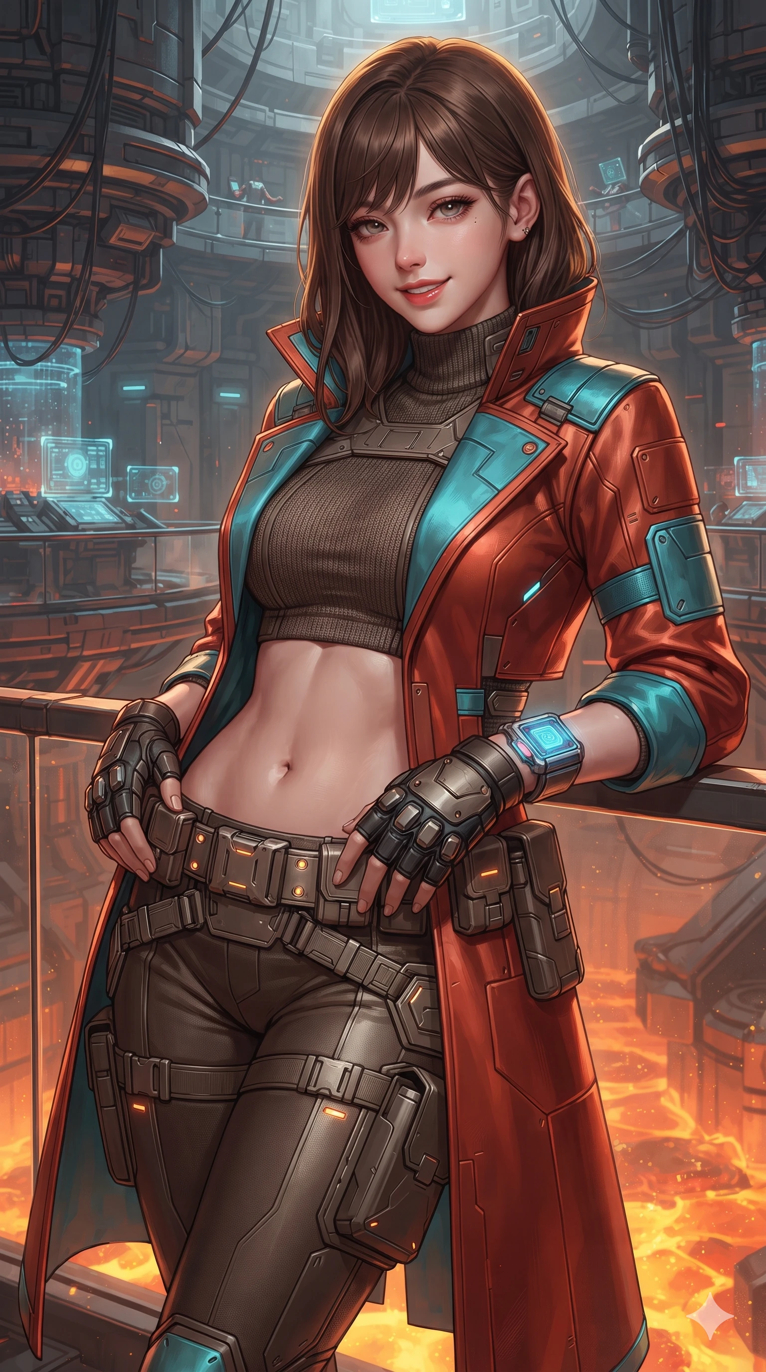 score_9, masterpiece, best quality, ultra-detailed, high-budget anime keyframe, editorial fashion photography, tasteful artistic composition, Korean woman. close-up cowboy shot from the waist and thighs up, the character dominates the composition, filling the frame with her large presence. resting both hands lightly on her tactical utility belt, arching her spine to highlight her narrow waist, flat midriff, and breathtaking collarbones while leaning over the heat-shielded glass balustrade with hips cocked back, looking through ascending heat waves with heavy-lidded seductive eyes. The surrounding environment is rendered in vivid detail and crisp panoramic clarity: detailed high-tech combat tailoring, tactical belt hardware, and monumental subterranean infrastructure in crisp definition. She has an exceptionally elegant, slender, and willowy female figure with an ultra-slim waist, flat toned midriff, narrow ribcage, and sculpted feminine hips creating an alluring, slim hourglass silhouette without bulk. sharp v-shaped jawline, high-bridge nose, intricate jewel-like sparkling eyes with depth, thick eyelashes, glossy parted lips with a natural sheen, bright confident smile with an enchanting and coquettish sensual glint, exuding both youthful magnetic charm and sovereign high-tech allure, flawlessly proportioned anatomical accuracy, strict slender model proportions, natural body alignment, perfectly sculpted long slender limbs, ultra-slim waistline, clean dynamic posture without body distortion. wearing a structured aerospace commander greatcoat layered over an armored high-neck knit underlayer in cyber-shinto vermilion and laser turquoise, tailored from brushed aeronautical titanium alloy with matte satin sheen, complemented by fingerless armored tactical gloves and a glowing holographic wrist terminal, the impeccably tailored cut draping gracefully along her slender figure with aristocratic poise. illuminated by magma surface bounce and sharp crimson-gold rim lights defining her razor-sharp jawline, narrow waist, and curvy hips. ultra-reflective glossy finish, specular highlights, rich textural contrasts, high-contrast stereoscopic depth, volumetric dynamic lighting, 2k, ultra detail, master piece, 9:16 ratio
