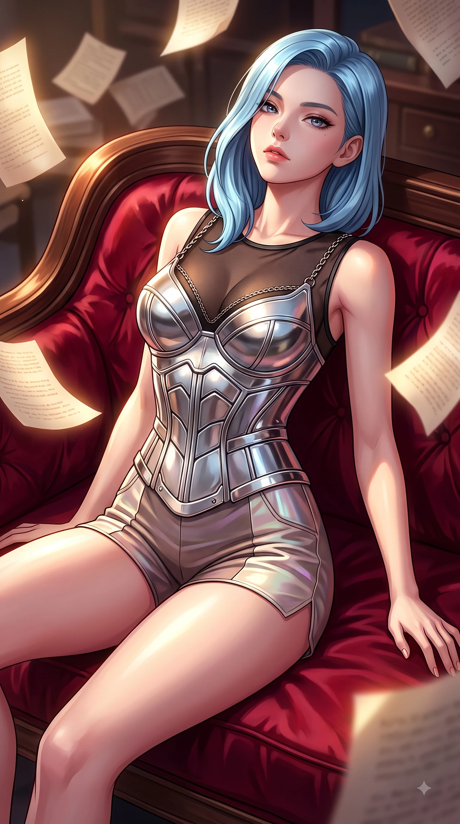 score_9, masterpiece, best quality, ultra-detailed, high-budget anime keyframe, editorial fashion photography, tasteful artistic composition, Korean woman. close-up cowboy shot from the waist and thighs up, the character dominates the composition, filling the frame with her large presence, background elements kept in soft focus. Tilting her chin up with composed magnetism as dramatic side lighting traces her sculpted waist and hip contour while lounging on an antique silk velvet sofa as floating parchment pages hover gently around her, rich velvet and polished wood textures reflecting brilliant warm highlights. She has an exceptionally elegant, slender, and willowy female figure with an ultra-slim waist, a gracefully sculpted slender torso, and a refined silhouette. sharp v-shaped jawline, high-bridge nose, intricate jewel-like eyes with depth, thick eyelashes, glossy lips with a natural sheen, flawlessly proportioned anatomical accuracy, natural body alignment, perfectly sculpted elegant limbs, clean dynamic posture without body distortion. wearing a chrome-plated structured bodice worn over a sheer mesh top and micro-shorts in muted taupe and soft ivory, crafted from iridescent chiffon that shifts colors in the light, adorned with delicate metallic chain straps along the neckline, the tailored fabric tightly following every curve of her athletic build. illuminated by a dramatic key light casting elegant chiaroscuro shadows. highly saturated vibrant anime colors, detailed shading with soft gradients, rich glossy textures, high-contrast stereoscopic depth, volumetric dynamic lighting, master piece, 9:16 ratio