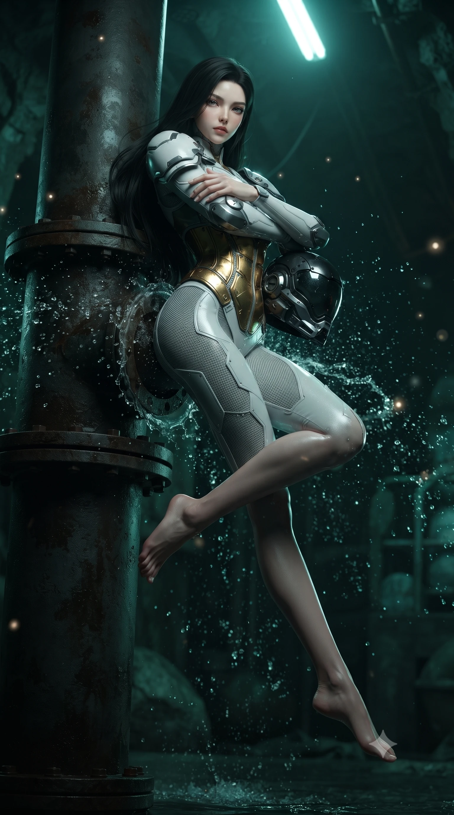 score_9, masterpiece, best quality, ultra-detailed, high-budget anime keyframe, editorial fashion photography, tasteful artistic composition, Korean woman. low angle full-body shot from head to toe showing her feet, filling the entire 9:16 vertical frame with her statuesque presence, stretching her vertical silhouette. leaping into mid-air with an athletic yet alluring arch of her spine, driving a downward kinetic strike surrounded by a ring of displaced air while resting against a massive drainage valve pipe with arms crossed loosely, casting a smoldering, direct gaze into the lens. The composition keeps background elements in soft focus with creamy bokeh. sparkling water spray beads catching industrial warning light motes across a dark subterranean backdrop. She has an absolutely perfect, statuesque 8.5-heads proportion, an exceptionally tall and slender model-like female figure with impossibly long slender legs, a toned flat midriff, and an ultra-slim waist. sharp v-shaped jawline, high-bridge nose, intricate jewel-like eyes with depth, thick eyelashes, glossy lips with a natural sheen, fierce and resolute heroine expression, flawlessly proportioned anatomical accuracy, strict slender model proportions, natural body alignment, perfectly sculpted long slender limbs, ultra-slim waistline, clean dynamic posture without body distortion. holding a modular carbon battle-helmet under one arm, her flawless face and sculpted neck exposed to the rain with determined warrior focus, paired with a statuesque high-fashion cyber-warrior armor suit with platinum bevels, heavy articulated shoulder guards, and an ultra-slim waist-cinching corset in arctic white carbon composite with scratched solar gold armor plating, tailored from flexible second-skin ballistic carbon-mesh adhering flawlessly to her athletic build, finished with high-mobility flexible armor articulation seams and miniature magnetic locks, the glove-like aerodynamic second-skin fit tightly clinging to her ultra-slender waist and athletic curves without adding bulk, accentuating her razor-sharp statuesque lines and slim hourglass silhouette. bathed in eerie emerald biochemical uplights and cold white fluorescent ceiling spotlights. ultra-reflective glossy finish, specular highlights, dark metallic sheen, high-contrast stereoscopic depth, volumetric dynamic lighting, 2k, ultra detail, master piece, 9:16 ratio