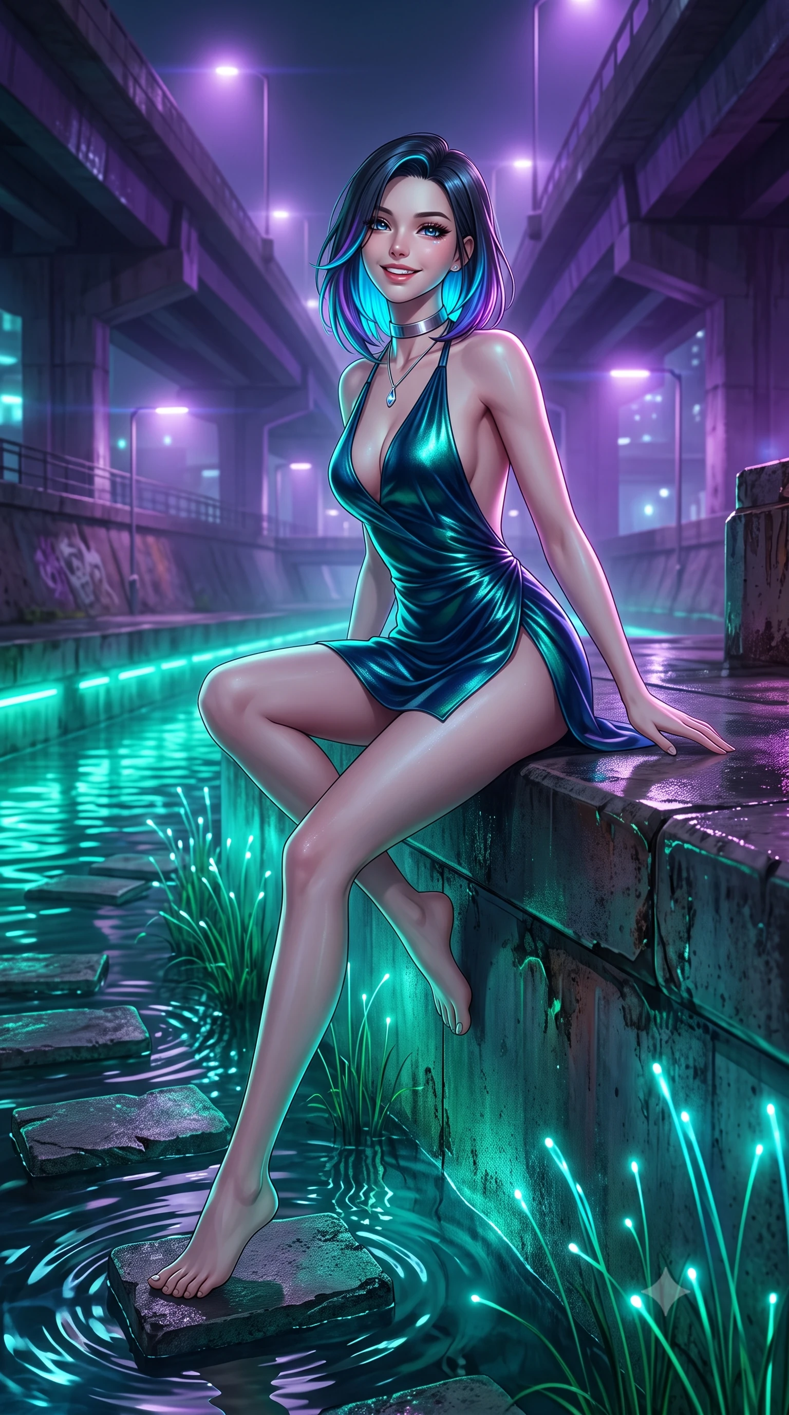 score_9, masterpiece, best quality, ultra-detailed, high-budget anime keyframe, semi-realistic 3D game render, editorial fashion photography, tasteful artistic composition, Caucasian woman. low angle full-body shot from head to toe showing her feet, filling the entire 9:16 vertical frame with her statuesque presence, stretching her vertical silhouette. stepping forward in a confident stride, her long slender legs and curvaceous hips creating a dynamic, sweeping vertical line while sitting poised on the sleek concrete canal ledge with one knee bent, arching her back with playful elegance and parted glossy lips. The surrounding environment is rendered in vivid detail and crisp panoramic clarity: sharp water ripple reflections on stepping stones, weathered cyber-concrete textures, and fiber-optic reed stems in deep focus. She has an exceptionally tall and slender model-like 8.5-heads proportion, an ultra-slim waist, a flat toned midriff, narrow delicate ribcage, and beautifully sculpted feminine hips creating a graceful, slim hourglass silhouette without any bulky heaviness, with impossibly long slender legs. sharp v-shaped jawline, high-bridge nose, intricate jewel-like sparkling eyes with depth, thick eyelashes, glossy parted lips with a natural peach sheen, bright cheerful beaming smile with an enchanting and coquettish sensual glint, exuding both youthful cute charm and seductive allure, flawlessly proportioned anatomical accuracy, strict slender model proportions, natural body alignment, perfectly sculpted long slender limbs, ultra-slim waistline, clean dynamic posture without body distortion. wearing an alluring backless metallic lamé halterneck mini dress with deep scoop back down to her lower spine in abyssal ocean sapphire and bioluminescent emerald, crafted from fluid liquid silk satin that clings smoothly to her narrow waist and rounded hips with a dewy sheen, finished with a minimalist chrome choker and a single teardrop diamond pendant, the high-slit wrap tailoring accentuating her ultra-slim waistline and the enchanting curve of her feminine hips with alluring seductive charm. bathed in vivid emerald-cyan underwater LEDs combined with ambient violet floodlights from the highway bridges. highly saturated vibrant anime colors, detailed shading with soft gradients, rich glossy textures, high-contrast stereoscopic depth, volumetric dynamic lighting, master piece, 9:16 ratio