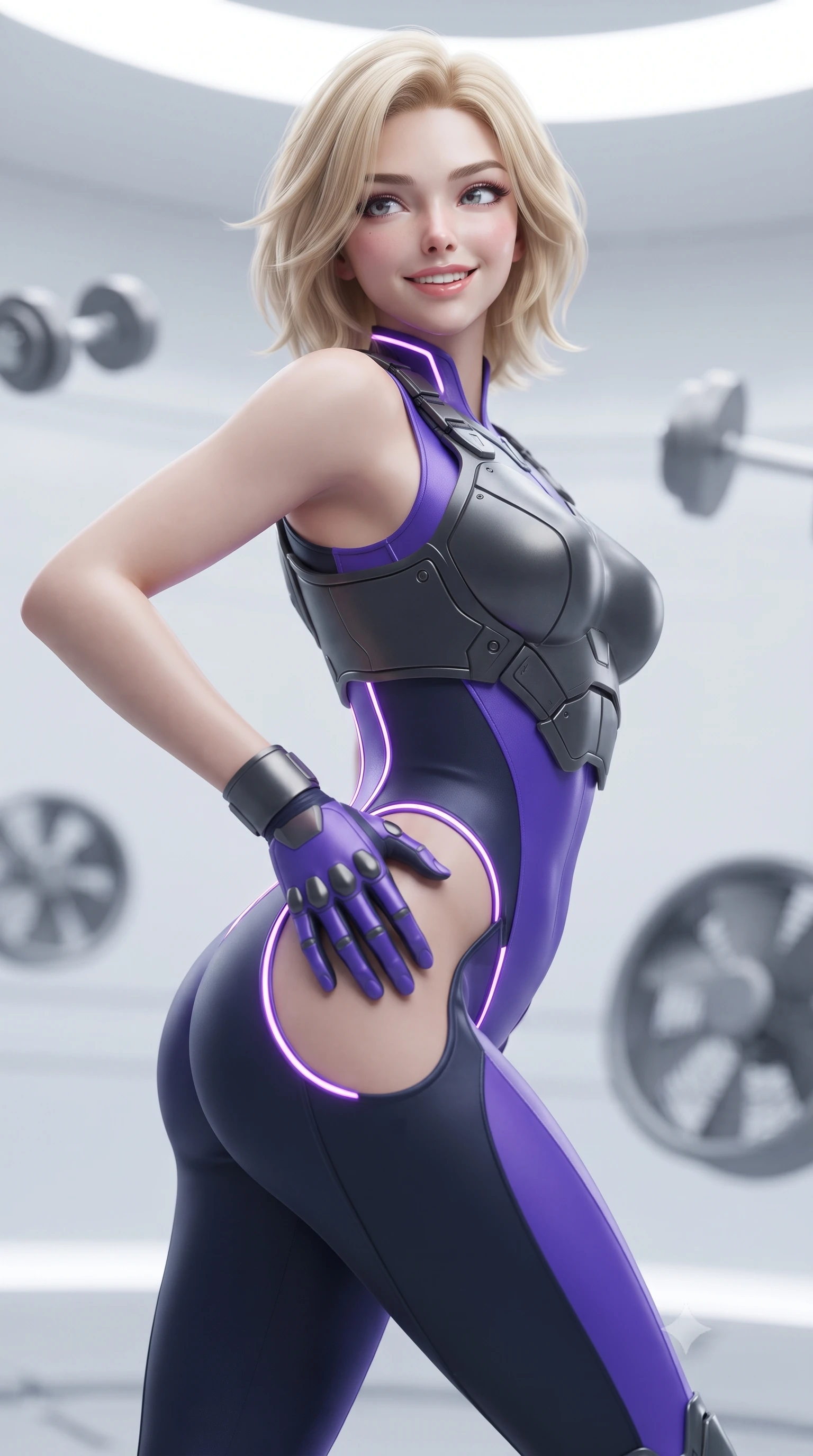 score_9, masterpiece, best quality, ultra-detailed, high-budget anime keyframe, editorial fashion photography, tasteful artistic composition, Caucasian woman. close-up cowboy shot from the waist and thighs up, the character dominates the composition, filling the frame with her large presence. twisting her slender torso in an alluring contrapposto stance, one hand resting on her sculpted hip armor while glancing back with effortless sovereign poise while twisting her slender torso in a fluid S-curve while floating above the rotating floor, her skin-tight athletic suit hugging her hourglass curves. The background shows a soft-focus floating magnetic fitness weights and aerodynamic air resistance fans softened in space-fitness shallow focus. She has an exceptionally elegant, slender, and willowy female figure with an ultra-slim waist, flat toned midriff, narrow ribcage, and sculpted feminine hips creating an alluring, slim hourglass silhouette without bulk. sharp v-shaped jawline, high-bridge nose, intricate jewel-like sparkling eyes with depth, thick eyelashes, glossy parted lips with a natural sheen, bright confident smile with an enchanting and coquettish sensual glint, exuding both youthful magnetic charm and sovereign high-tech allure, flawlessly proportioned anatomical accuracy, strict slender model proportions, natural body alignment, perfectly sculpted long slender limbs, ultra-slim waistline, clean dynamic posture without body distortion. wearing a sculpted titanium-alloy breastplate bodice worn over an ultra-tight matte stretch bodysuit with side hip cutouts in neon electric violet and deep space obsidian, made of supple second-skin compression stretch jersey clinging flawlessly to her form, accented with glowing neon fiber-optic piping tracing her spine and hip lines, the high-waisted tailoring accentuating her ultra-slim waistline and the enchanting curve of her feminine hips with alluring dark charm. bathed in bright, clean white space-station illumination and fresh Earth-shine ambient bounce. ultra-reflective glossy finish, specular highlights, rich textural contrasts, high-contrast stereoscopic depth, volumetric dynamic lighting, 2k, ultra detail, master piece, 9:16 ratio
