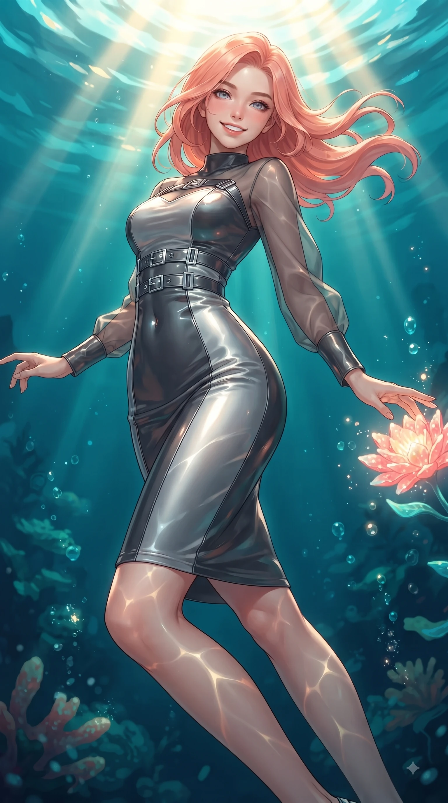 score_9, masterpiece, best quality, ultra-detailed, high-budget anime keyframe, editorial fashion photography, tasteful artistic composition, Japanese woman. low angle full-body shot from head to toe showing her feet, filling the entire 9:16 vertical frame with her statuesque presence, stretching her vertical silhouette. forging dynamically through the scene with a happy infectious smile, her ultra-slim waist creating a sweeping curve while reaching her hand out with a bright smiling face to touch a glowing coral sea blossom, golden sunbeams penetrating deep turquoise water creating caustic light ripples. She has an absolutely perfect, statuesque 8.5-heads proportion, an exceptionally tall and slender model-like female figure with impossibly long slender legs and an ultra-slim waist. sharp v-shaped jawline, high-bridge nose, intricate jewel-like eyes with depth, thick eyelashes, glossy lips with a natural sheen, flawlessly proportioned anatomical accuracy, natural body alignment, perfectly sculpted elegant limbs, clean dynamic posture without body distortion. wearing a sleek bodycon knit dress with strategic sheer organza sleeve panels in charcoal grey and platinum, tailored from high-gloss patent leather, detailed with polished silver buckles along the waistline, the elegant draped fit framing her graceful clavicle and slender torso. surrounded by a shimmering ocean aura with bright pearl-white specular rim lights. ultra-reflective glossy finish, specular highlights, metallic sheen, high-contrast stereoscopic depth, volumetric dynamic lighting, 2k, ultra detail, master piece, 9:16 ratio