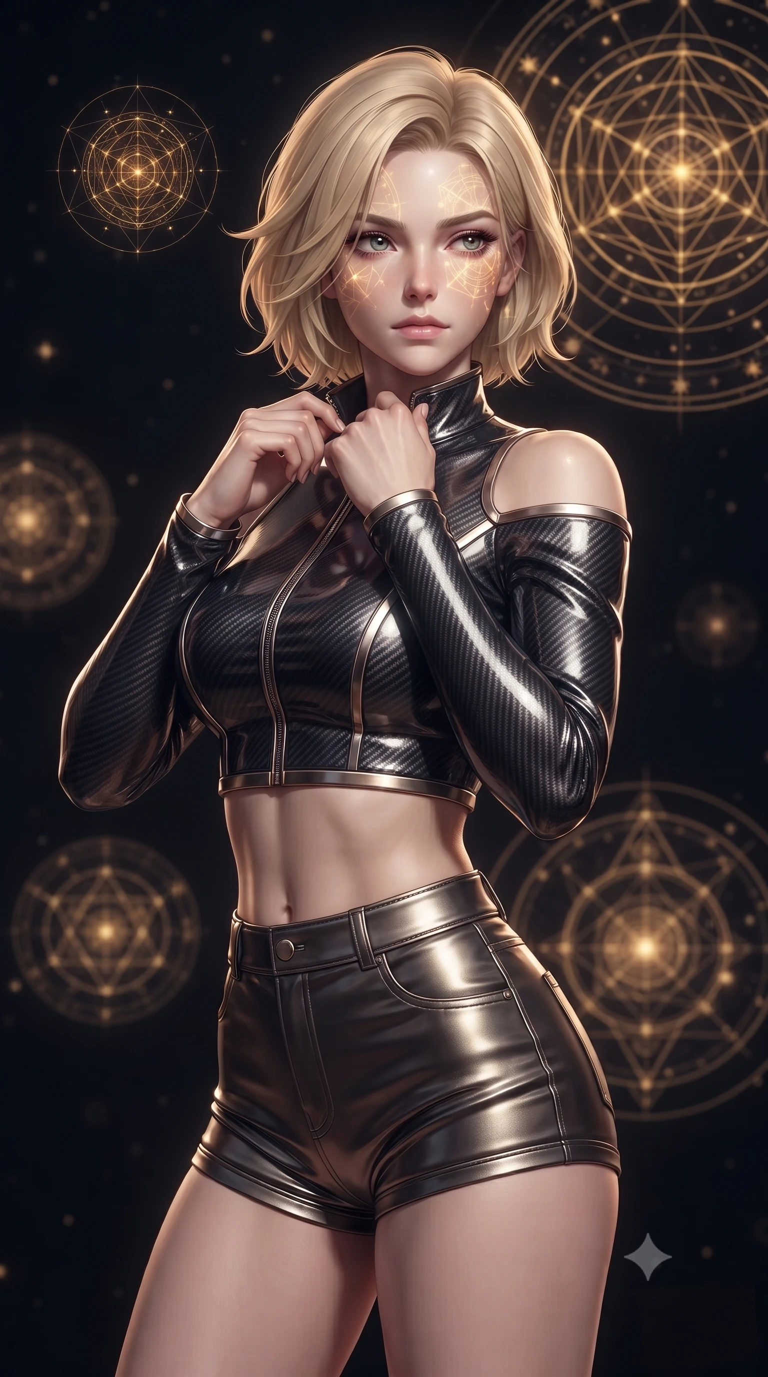 score_9, masterpiece, best quality, ultra-detailed, high-budget anime keyframe, editorial fashion photography, tasteful artistic composition, Caucasian woman. close-up cowboy shot from the waist and thighs up, the character dominates the composition, filling the frame with her large presence, background elements kept in soft focus. adjusting the high collar of her body-hugging suit, looking past the camera with quiet, sharp focus and a composed expression, the background shows a soft-focus a void center with golden geometric mandalas floating in infinite space. She has an exceptionally elegant, slender, and willowy female figure with an ultra-slim waist, a gracefully sculpted slender torso, and a refined silhouette. sharp v-shaped jawline, high-bridge nose, intricate jewel-like eyes with depth, thick eyelashes, glossy lips with a natural sheen. wearing a tailored chic off-shoulder carbon-plate crop top, paired with high-waisted utility micro-shorts. golden geometric mandalas projecting warm light patterns across her form. ultra-reflective glossy finish, specular highlights, metallic sheen, high-contrast stereoscopic depth, volumetric dynamic lighting, 2k, ultra detail, master piece, 9:16 ratio