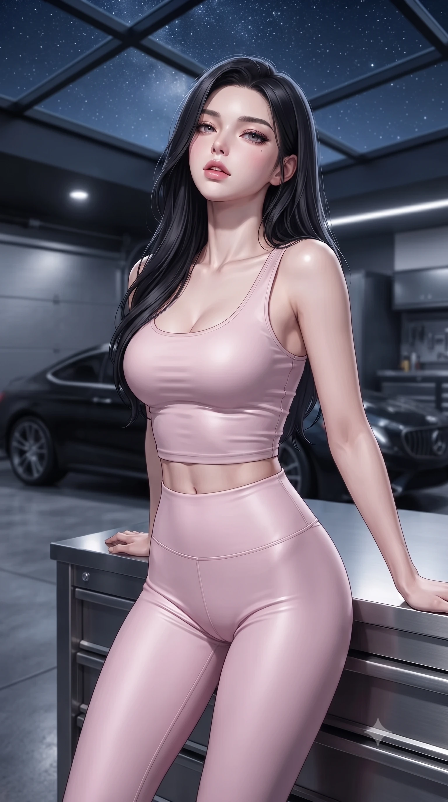 score_9, masterpiece, best quality, ultra-detailed, high-budget anime keyframe, editorial fashion photography, tasteful artistic composition, Korean woman. close-up cowboy shot from the waist and thighs up, the character dominates the composition, filling the frame with her large presence, background elements kept in soft focus. tilting her chin up slightly with lips parted in a composed, provocative expression the background shows a soft-focus a modern loft garage with glass ceilings showing stars and a parked black coupe. She has an exceptionally elegant, slender, and willowy female figure with an ultra-slim waist, a gracefully sculpted slender torso, and a refined silhouette. sharp v-shaped jawline, high-bridge nose, intricate jewel-like eyes with depth, thick eyelashes, glossy lips with a natural sheen. wearing a form-contouring body-hugging light pink crop tank top paired with high-waisted tight-fitting leggings. soft silver moonlight wrapping her silhouette in a cool cosmic glow. ultra-reflective glossy finish, specular highlights, metallic sheen, high-contrast stereoscopic depth, volumetric dynamic lighting, 2k, ultra detail, master piece, 9:16 ratio
