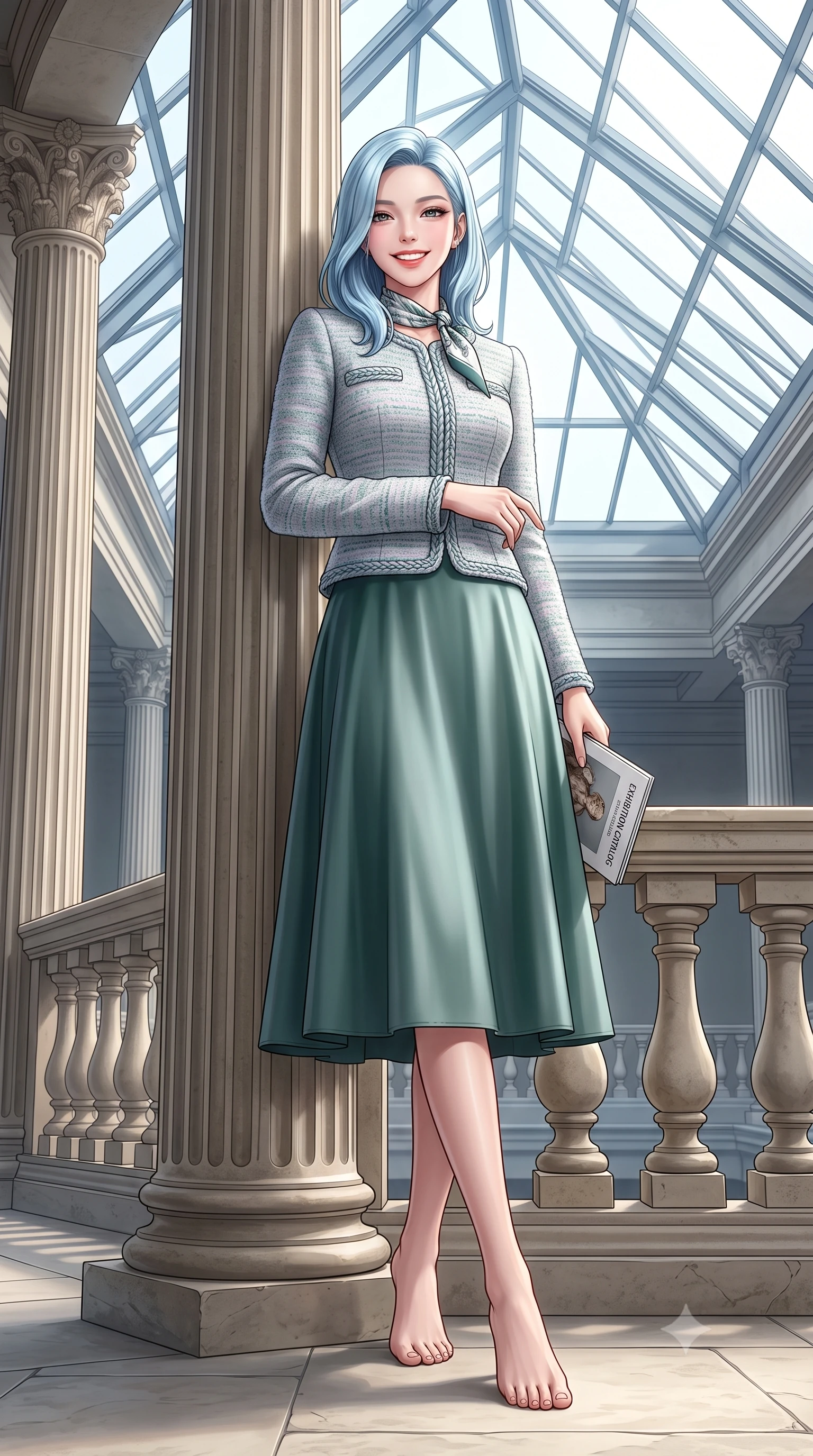 score_9, masterpiece, best quality, ultra-detailed, high-budget anime keyframe, semi-realistic 3D game render, editorial fashion photography, tasteful artistic composition, Korean woman. low angle full-body shot from head to toe showing her feet, filling the entire 9:16 vertical frame with her statuesque presence, stretching her vertical silhouette. standing poised beside the classical stone balustrade with one foot slightly forward, hands folded loosely before her with regal grace while leaning lightly against the fluted Portland stone Corinthian column, one hand holding an exhibition catalog with refined poise. The surrounding environment is rendered in vivid detail and crisp panoramic clarity: sharp geometric steel strut joinery of glass ceiling, fluted column stone grooves, and smooth honed limestone paving joints in deep focus. She has an exceptionally tall and slender model-like 8.5-heads proportion, an ultra-slim waist, a flat toned midriff, narrow delicate ribcage, and beautifully sculpted feminine hips creating a graceful, slim hourglass silhouette without any bulky heaviness, with impossibly long slender legs. sharp v-shaped jawline, high-bridge nose, intricate jewel-like sparkling eyes with depth, thick eyelashes, glossy parted lips with a natural peach sheen, bright cheerful beaming smile with an enchanting and coquettish sensual glint, exuding both youthful cute charm and seductive allure, flawlessly proportioned anatomical accuracy, strict slender model proportions, natural body alignment, perfectly sculpted long slender limbs, ultra-slim waistline, clean dynamic posture without body distortion. wearing a collarless pastel bouclé tweed jacket with braided trims paired with a coordinating high-waisted A-line midi skirt in St. Moritz pine forest emerald and heather grey, crafted from fluid mulberry silk twill with an understated lustrous pearl finish, finished with a printed silk twilly scarf knotted gracefully around her neck, the bespoke architectural tailoring hugging her natural waistline with sartorial precision, creating a clean graceful hourglass silhouette with tall model elegance. bathed in voluminous pure white zenithal daylight filtering through the vast geometric glass skylight canopy. highly saturated vibrant anime colors, detailed shading with soft gradients, rich glossy textures, high-contrast stereoscopic depth, volumetric dynamic lighting, master piece, 9:16 ratio