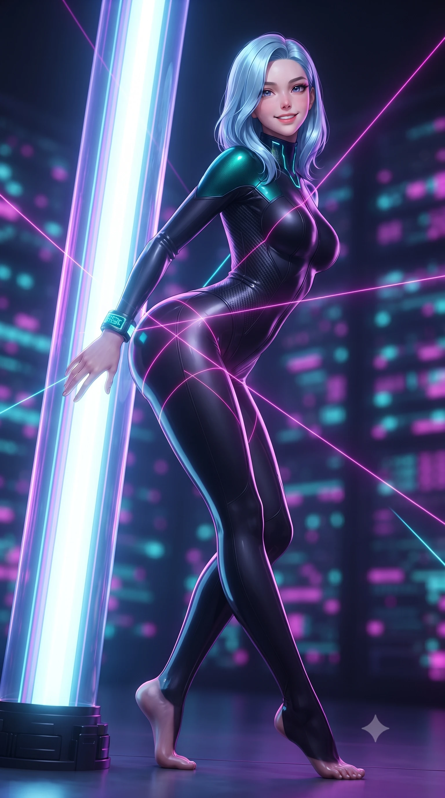score_9, masterpiece, best quality, ultra-detailed, high-budget anime keyframe, editorial fashion photography, tasteful artistic composition, Korean woman. low angle full-body shot from head to toe showing her feet, filling the entire 9:16 vertical frame with her statuesque presence, stretching her vertical silhouette. leaning deep against the glowing energy conduit with hips cocked back in an unapologetically alluring high-fashion stance, flashing a warm beaming smile while twisting her slender torso in an alluring S-curve, criss-crossing security laser beams casting geometric magenta and cyan lines across her curvy hips. The background shows a soft-focus endless towering rows of black glass quantum servers and glowing fiber-optic bundles blurred into laser magenta, cyan, and obsidian bokeh. She has an absolutely perfect, statuesque 8.5-heads proportion, an exceptionally tall and slender model-like female figure with impossibly long slender legs, an ultra-slim waist, a flat toned midriff, narrow delicate ribcage, and beautifully sculpted feminine hips creating a graceful, slim hourglass silhouette without any bulky heaviness. sharp v-shaped jawline, high-bridge nose, intricate jewel-like sparkling eyes with depth, thick eyelashes, glossy parted lips with a natural sheen, bright confident smile with an enchanting and coquettish sensual glint, exuding both youthful magnetic charm and sovereign high-tech allure, flawlessly proportioned anatomical accuracy, strict slender model proportions, natural body alignment, perfectly sculpted long slender limbs, ultra-slim waistline, clean dynamic posture without body distortion. wearing a form-contouring cybernetic combat suit in matte black latex and carbon fiber, tracing her willowy silhouette with a high neck in dark emerald teal and ultraviolet glow lines, made of supple second-skin compression stretch jersey clinging flawlessly to her form, featuring sleek glowing cyan HUD display wrist cuffs with floating data telemetry, the form-contouring cut accentuating her sculpted flat midriff, narrow delicate ribcage, and gracefully curvy hips with cybernetic supermodel precision. bathed in high-contrast neon laser lines of violet and cyan reflecting off glossy surfaces. ultra-reflective glossy finish, specular highlights, rich textural contrasts, high-contrast stereoscopic depth, volumetric dynamic lighting, 2k, ultra detail, master piece, 9:16 ratio