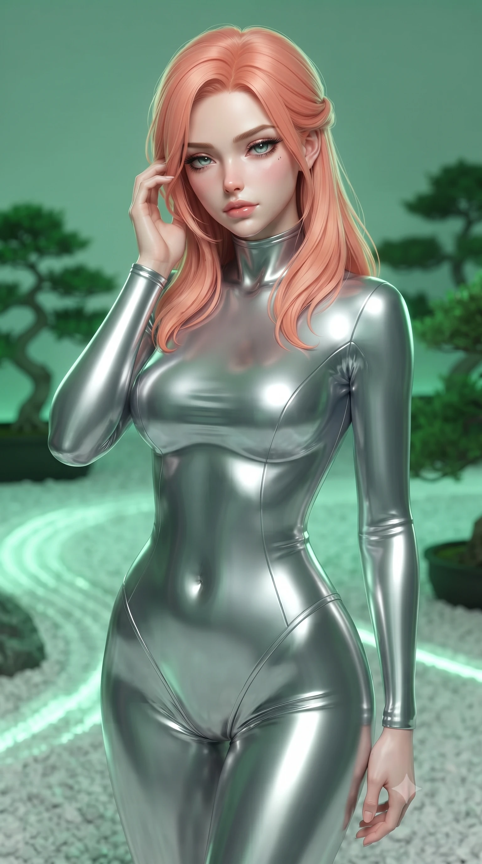 score_9, masterpiece, best quality, ultra-detailed, high-budget anime keyframe, editorial fashion photography, tasteful artistic composition, Japanese woman. close-up cowboy shot from the waist and thighs up, the character dominates the composition, filling the frame with her large presence, background elements kept in soft focus. gently touching the side of her temple, casting a heavy-lidded, sultry look past the camera, the background shows a soft-focus a zen rock garden with virtual white gravel paths and digital bonsai trees. She has an exceptionally elegant, slender, and willowy female figure with an ultra-slim waist, a gracefully sculpted slender torso, and a refined silhouette. sharp v-shaped jawline, high-bridge nose, intricate jewel-like eyes with depth, thick eyelashes, glossy lips with a natural sheen. wearing a form-contouring form-contouring liquid silver space flight under-suit, contouring her athletic, slender build. virtual white gravel paths and digital bonsai trees casting green neon light. ultra-reflective glossy finish, specular highlights, metallic sheen, high-contrast stereoscopic depth, volumetric dynamic lighting, 2k, ultra detail, master piece, 9:16 ratio