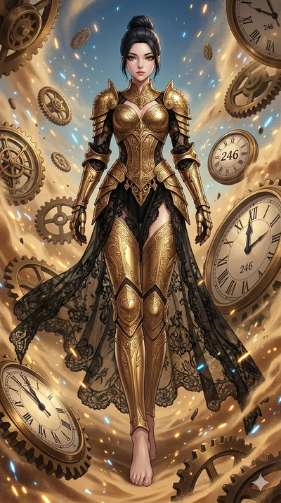 score_9, masterpiece, best quality, ultra-detailed, Set A: High-budget Anime Keyframe, Korean woman. Low angle cowboy shot filling the entire 9:16 frame with her statuesque presence. Floating through a clockwork desert, as gravity fails and everythin