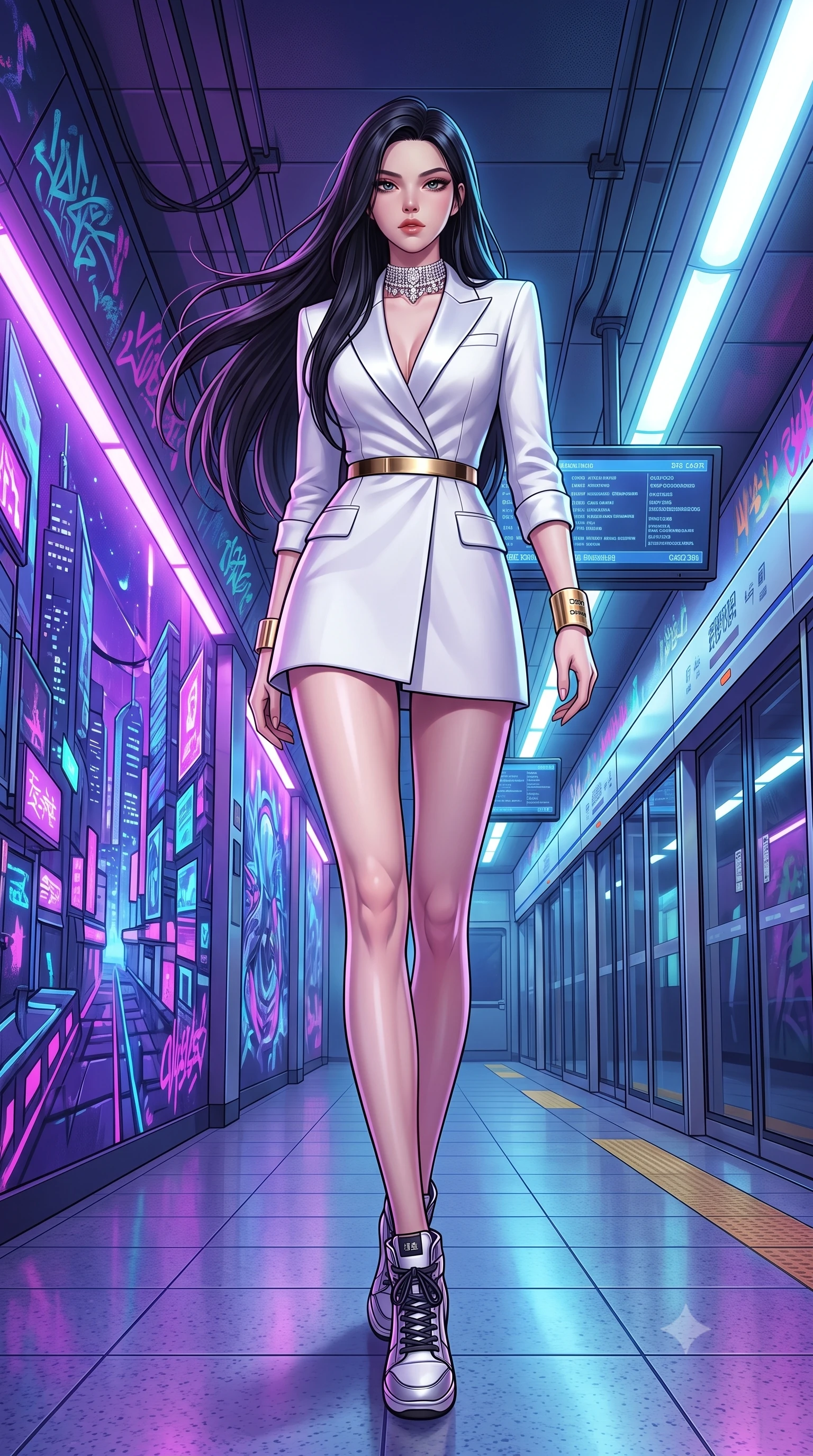 score_9, masterpiece, best quality, ultra-detailed, high-budget anime keyframe, semi-realistic 3D game render, editorial fashion photography, tasteful artistic composition, Korean woman. low angle full-body shot from head to toe showing her feet, filling the entire 9:16 vertical frame with her statuesque presence, stretching her vertical silhouette. landing lightly on the balls of her feet in a balanced kinetic stance, eyes locked onto the camera with fearless allure while posing dynamically in a futuristic subway station corridor covered in glowing ultraviolet cyber-graffiti murals. The surrounding environment is rendered in vivid detail and crisp panoramic clarity. high-contrast cyberpunk street chiaroscuro and raw urban subway aesthetics rendered with precision. She has an absolutely perfect, statuesque 8.5-heads proportion, an exceptionally tall and slender model-like female figure with impossibly long slender legs, a toned flat midriff, and an ultra-slim waist. sharp v-shaped jawline, high-bridge nose, intricate jewel-like eyes with depth, thick eyelashes, glossy lips with a natural sheen, captivating and magnetic expression, flawlessly proportioned anatomical accuracy, strict slender model proportions, natural body alignment, perfectly sculpted long slender limbs, ultra-slim waistline, clean dynamic posture without body distortion. wearing a chic tailored white tuxedo jacket dress with satin lapels and an ultra-slim waist-cinching gold belt in pristine royal white and brushed gold, made of structured fine wool crepe and liquid silk satin, accessorized with a bold diamond choker and minimalist gold cuffs edition #34, the sleek tailored cut tightly hugging her graceful clavicle, narrow waist, and feminine curves with statuesque precision. surrounded by an edgy, electrifying, and irresistibly cool cyber-street idol aura. highly saturated vibrant anime colors, detailed shading with soft gradients, rich glossy textures, high-contrast stereoscopic depth, volumetric dynamic lighting, master piece, 9:16 ratio