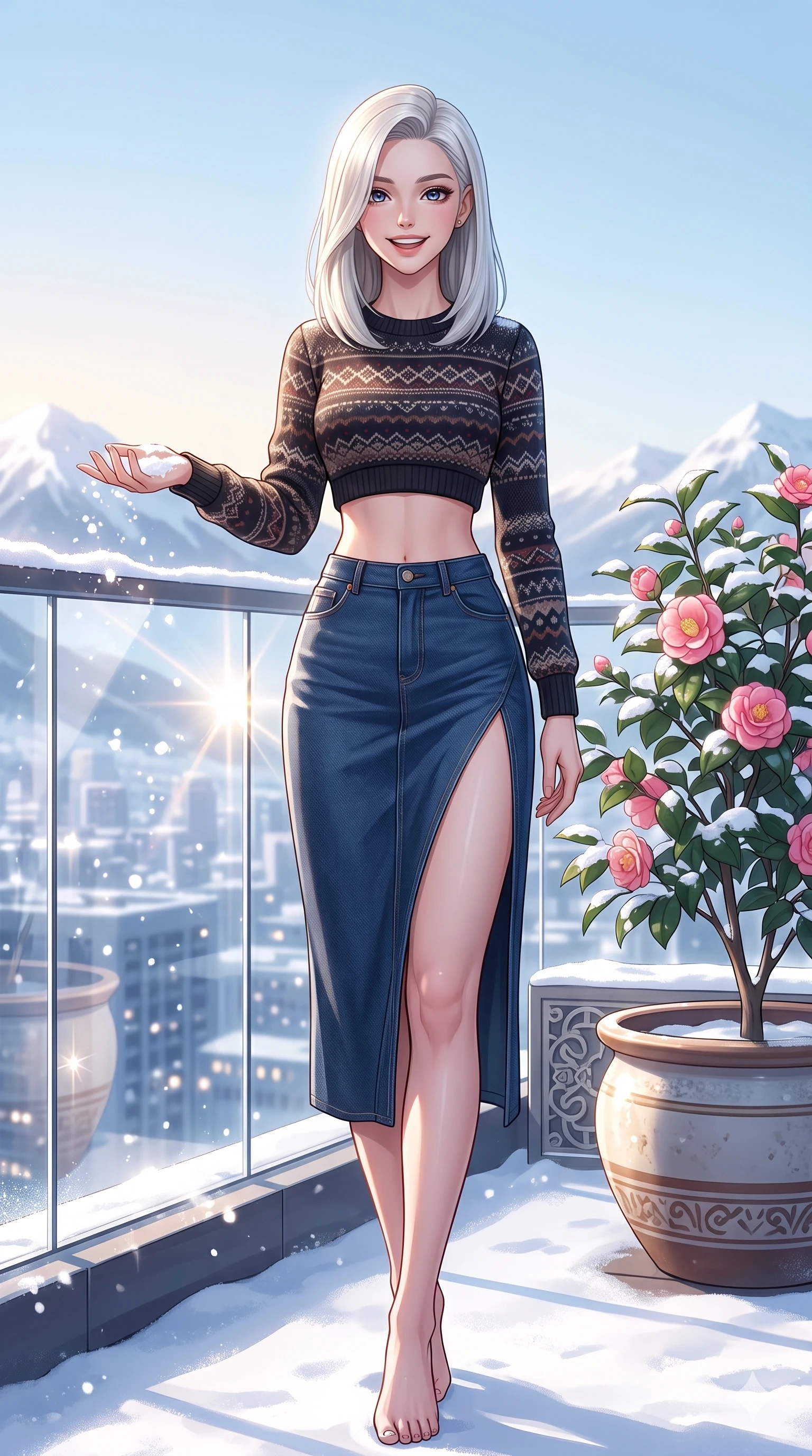 score_9, masterpiece, best quality, ultra-detailed, high-budget anime keyframe, vibrant anime aesthetic, Caucasian woman, strictly human ears. cowboy shot from the thighs up, character and outfit filling the frame for maximum presence. She is standing by a camellia pot, smiling brightly while reaching out a hand in snow on a luxury hotel rooftop terrace under morning winter rays (Code-P21-084). She has an absolutely perfect 8-heads proportion, an exceptionally tall and slender female figure with impossibly long slender legs and an ultra-slim waist. V-shaped jawline, high-bridge nose, intricate jewel-like eyes with depth, thick eyelashes, glossy lips with a natural sheen. wearing a crop top with an exposed midriff and high-slit denim skirt in winter. She is illuminated by direct, sparkling winter sunbeams reflecting off the clean window glass. 2k, ultra detail, master piece, 9:16 ratio