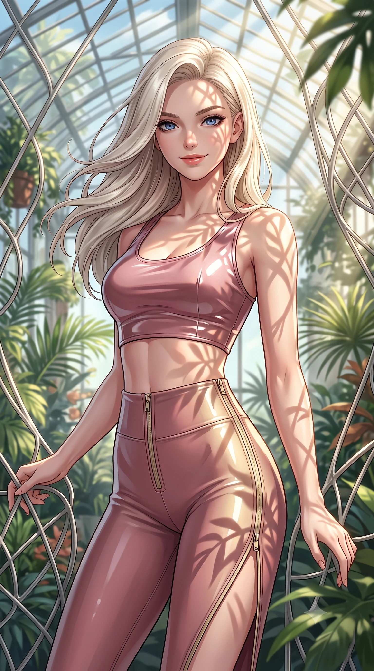 score_9, masterpiece, best quality, ultra-detailed, high-budget anime keyframe, editorial fashion photography, tasteful artistic composition, Caucasian woman. close-up cowboy shot from the waist and thighs up, the character dominates the composition, filling the frame with her large presence, background elements kept in soft focus. Smiling with quiet, magnetic self-assurance directly into the lens forging through an overgrown greenhouse filled with platinum wire lattices, intense volumetric sunbeams filtering through the glass ceiling. She has an exceptionally elegant, slender, and willowy female figure with an ultra-slim waist, a gracefully sculpted slender torso, and a refined silhouette. sharp v-shaped jawline, high-bridge nose, intricate jewel-like eyes with depth, thick eyelashes, glossy lips with a natural sheen. wearing a glossy vinyl crop top and high-waist tailored leggings with sleek zippers in dusty rose and champagne gold, formed from sleek second-skin neoprene, finished with a sleek side slit ascending to mid-thigh, the tailored fabric tightly following every curve of her athletic build. illuminated by brilliant sunbeams casting organic leaf stencil shadows. highly saturated vibrant anime colors, detailed shading with soft gradients, rich glossy textures, high-contrast stereoscopic depth, volumetric dynamic lighting, master piece, 9:16 ratio