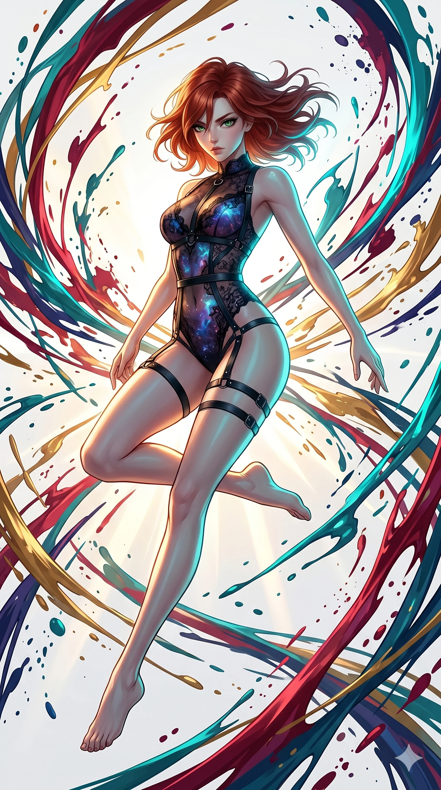 score_9, masterpiece, best quality, ultra-detailed, high-budget anime keyframe, Japanese woman. low angle full-body shot filling the entire 9:16 frame with her statuesque presence, stretching the vertical silhouette. leaping into a vorticist paint splatter dimension where thousands of vivid acrylic paint ribbons and splatters swirl around her in a white gallery void. She has an absolutely perfect 8-heads proportion, an exceptionally tall and slender female figure with impossibly long slender legs and an ultra-slim waist. V-shaped jawline, high-bridge nose, intricate jewel-like eyes with depth, thick eyelashes, glossy lips with a natural sheen.. wearing a gothic nebula lace bodysuit, featuring a sheer black lace bodysuit with cosmic nebula patterns, reinforced by matte leather straps. showcasing a beautiful play of light and shadow, with warm golden rays clashing against cool cyan highlights. 2k, ultra detail, master piece, 9:16 ratio