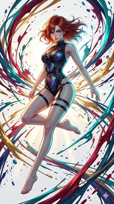 score_9, masterpiece, best quality, ultra-detailed, high-budget anime keyframe, Japanese woman. low angle full-body shot filling the entire 9:16 frame with her statuesque presence, stretching the vertical silhouette. leaping into a vorticist paint sp