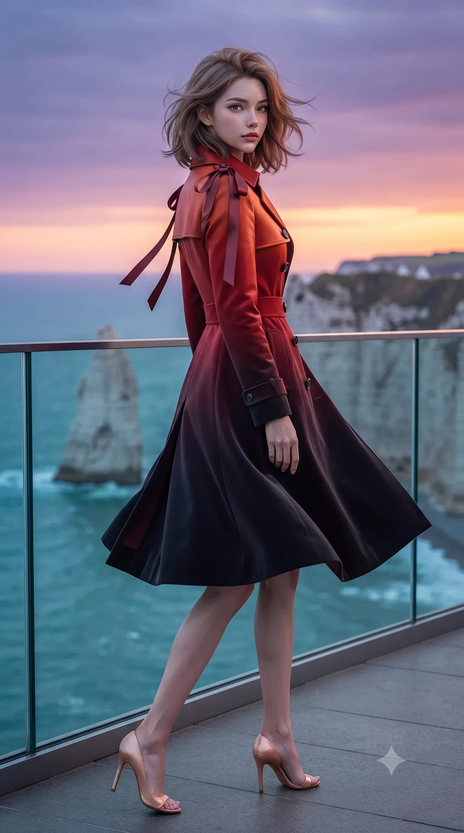 score_9, masterpiece, best quality, ultra-detailed, high-budget anime keyframe, editorial fashion photography, tasteful artistic composition, Korean woman. low angle full-body shot from head to toe showing her feet, filling the entire 9:16 vertical frame with her statuesque presence, stretching her vertical silhouette. executing a slow, graceful pivot turn as her skirt sways around her slender legs, glancing back with an enchanting, teasing sensual expression while leaning against the frameless glass safety railing with hips cocked back, looking out at the white chalk Needle rock rising from turquoise sea with smoldering bedroom-eyes. The background shows a soft-focus foaming sea spray softened in dramatic Normandy clifftop shallow focus. She has an exceptionally tall and slender model-like 8.5-heads proportion, an ultra-slim waist, a flat toned midriff, narrow delicate ribcage, and beautifully sculpted feminine hips creating a graceful, slim hourglass silhouette without any bulky heaviness, with impossibly long slender legs. sharp v-shaped jawline, high-bridge nose, intricate jewel-like sparkling eyes with depth, thick eyelashes, glossy parted lips with a natural peach sheen, bright cheerful beaming smile with an enchanting and coquettish sensual glint, exuding both youthful cute charm and seductive allure, flawlessly proportioned anatomical accuracy, strict slender model proportions, natural body alignment, perfectly sculpted long slender limbs, ultra-slim waistline, clean dynamic posture without body distortion. wearing a structured Tulum raw silk safari trench coat with horn buttons and storm flaps in Reinefjorden rorbu vermilion red and obsidian granite, tailored from ultra-plush silk velvet with rich tactile depth and deep shadow gradients, finished with satin ribbon ties at the shoulders fluttering in the gentle breeze, the impeccably tailored cut draping gracefully along her slender figure with aristocratic poise. bathed in saturated 2800K late-evening Normandy sunset alpenglow transitioning into violet dusk. ultra-reflective glossy finish, specular highlights, rich textural contrasts, high-contrast stereoscopic depth, volumetric dynamic lighting, 2k, ultra detail, master piece, 9:16 ratio