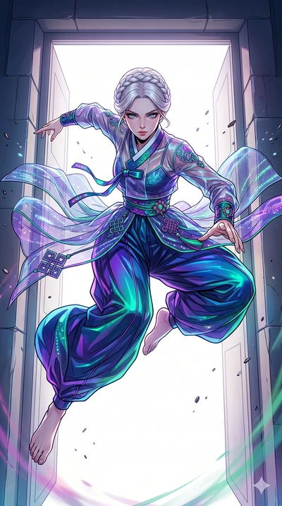 score_9, masterpiece, best quality, ultra-detailed, high-budget anime movie keyframe, cinematic anime lighting, intricate line art, Korean woman. Extreme high angle shot as she leaps towards the camera, filling the frame. looking through a doorway in