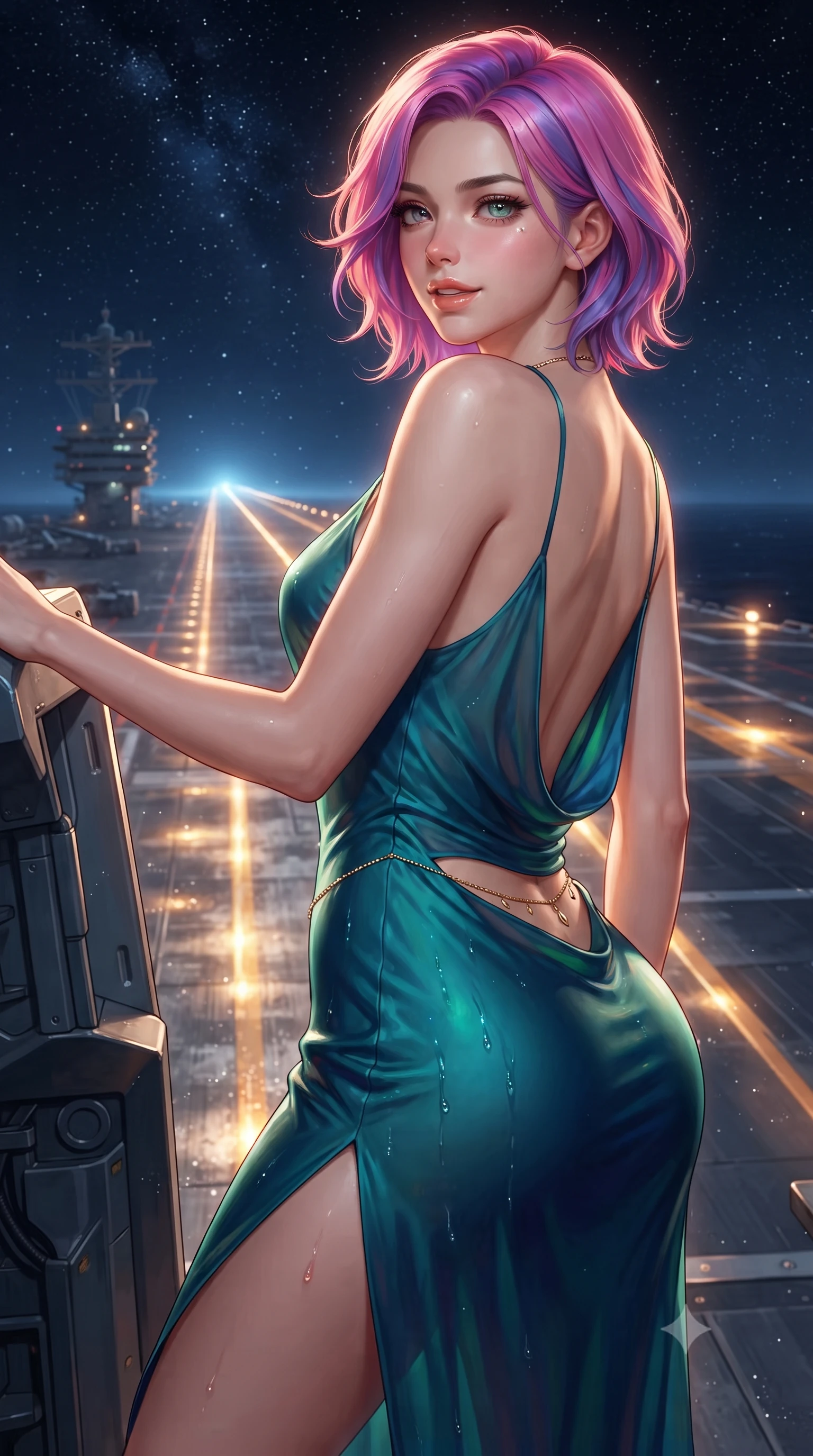 score_9, masterpiece, best quality, ultra-detailed, high-budget anime keyframe, editorial fashion photography, tasteful artistic composition, Caucasian woman. close-up cowboy shot from the waist and thighs up, the character dominates the composition, filling the frame with her large presence. posing in an alluring rear three-quarter angle, looking over a bare shoulder with parted glossy lips, her hips cocked back to highlight her slim hourglass curve while leaning against the hydraulic blast shield with hips cocked back, gazing down the 500-meter glowing launch track into the starlit void with smoldering bedroom-eyes. The surrounding environment is rendered in vivid detail and crisp panoramic clarity: detailed tactical flight jumpsuit texture, carbon-fiber armor seams, and military aerospace carrier engineering in high resolution. She has an exceptionally elegant, slender, and willowy female figure with an ultra-slim waist, flat toned midriff, narrow ribcage, and sculpted feminine hips creating an alluring, slim hourglass silhouette without bulk. sharp v-shaped jawline, high-bridge nose, intricate jewel-like sparkling eyes with depth, thick eyelashes, glossy parted lips with a natural peach sheen, bright cheerful beaming smile with an enchanting and coquettish sensual glint, exuding both youthful cute charm and seductive allure, flawlessly proportioned anatomical accuracy, strict slender model proportions, natural body alignment, perfectly sculpted long slender limbs, ultra-slim waistline, clean dynamic posture without body distortion. wearing a form-contouring gossamer silk chiffon combat slip dress with a hip-high slit and open cowl back clinging with dewy moisture in bioluminescent emerald and abyssal sapphire, made of fluid liquid jersey with seamless sculpting hold and smooth contours, accented with a dainty gold belly chain resting across her flat midriff and curving hips, the impeccably tailored cut draping gracefully along her slender figure with aristocratic poise. illuminated by wet metal deck bounce and sharp amber-gold rim lights defining her dewy collarbones, ultra-slim waist, and curvy hips. ultra-reflective glossy finish, specular highlights, rich textural contrasts, high-contrast stereoscopic depth, volumetric dynamic lighting, 2k, ultra detail, master piece, 9:16 ratio