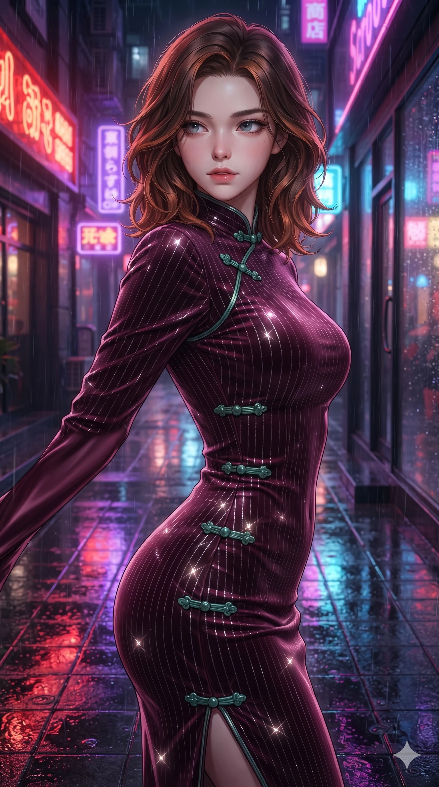 score_9, masterpiece, best quality, ultra-detailed, high-budget anime keyframe, editorial fashion photography, tasteful artistic composition, Korean woman. close-up cowboy shot from the waist and thighs up, the character dominates the composition, filling the frame with her large presence. twisting her slender torso in a deep contrapposto stance, hips dramatically shifted to accentuate her feminine curves while looking past her shoulder with smoldering bedroom-eyes while twisting her slender torso in an alluring contrapposto, vibrant scarlet and violet billboard reflections tracing her flat midriff and hourglass curves. The surrounding environment is rendered in vivid detail and crisp panoramic clarity: sharp water puddle reflection ripples on black granite tiles, crisp raindrop speculars on glass, and neon tube glass details in deep focus. She has an exceptionally elegant, slender, and willowy female figure with an ultra-slim waist, flat toned midriff, narrow ribcage, and sculpted feminine hips creating an alluring, slim hourglass silhouette without bulk. sharp v-shaped jawline, high-bridge nose, intricate jewel-like sparkling eyes with depth, thick eyelashes, glossy parted lips with a natural sheen, intensely captivating and seductive bedroom-eyes expression, exuding both youthful cute charm and sovereign luxury allure, flawlessly proportioned anatomical accuracy, strict slender model proportions, natural body alignment, perfectly sculpted long slender limbs, ultra-slim waistline, clean dynamic posture without body distortion. wearing a tailored liquid velvet bodycon dress with metallic fiber pinstripes following her statuesque 8.5-heads silhouette in deep wine burgundy and brushed dark platinum, woven from stretch metallic lurex jersey casting radiant starlight glints across her curves, finished with sleek jade frog closures glinting along her high collar, the liquid-tight tailored fabric clinging flawlessly to her narrow waist and rounded feminine hips, emphasizing every millimeter of her sculpted slim hourglass curves without any bulky heaviness. bathed in the intense, high-saturation glow of multi-colored neon signage reflecting off wet surfaces. ultra-reflective glossy finish, specular highlights, rich textural contrasts, high-contrast stereoscopic depth, volumetric dynamic lighting, 2k, ultra detail, master piece, 9:16 ratio