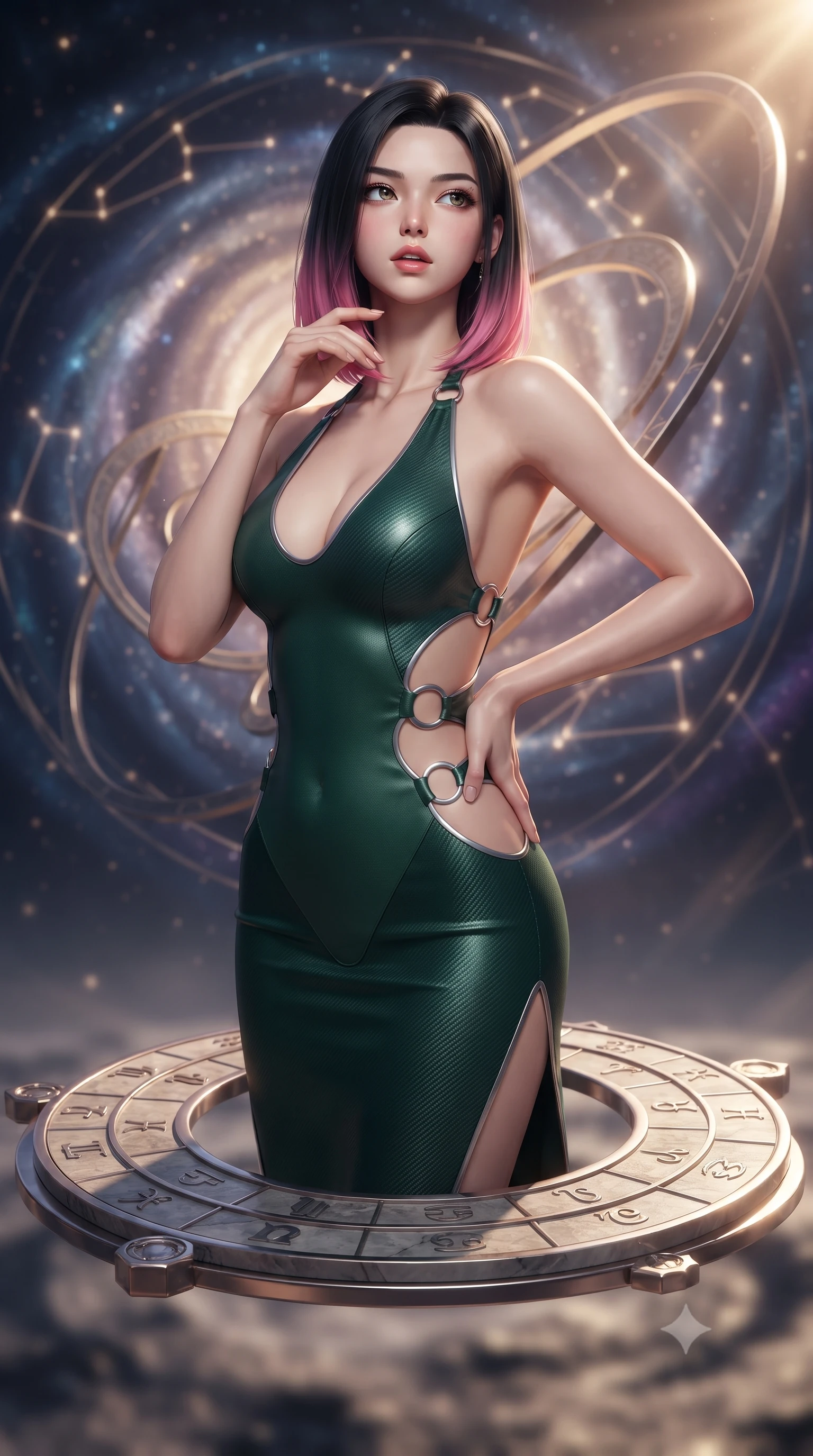 score_9, masterpiece, best quality, ultra-detailed, high-budget anime keyframe, editorial fashion photography, tasteful artistic composition, Korean woman. close-up cowboy shot from the waist and thighs up, the character dominates the composition, filling the frame with her large presence, background elements kept in soft focus. Tilting her chin up slightly with lips parted in a magnetic, composed expression standing on a floating zodiac dial beneath a swirling spiral nebula, glowing constellation lines tracing intricate patterns nearby. She has an exceptionally elegant, slender, and willowy female figure with an ultra-slim waist, a gracefully sculpted slender torso, and a refined silhouette. sharp v-shaped jawline, high-bridge nose, intricate jewel-like eyes with depth, thick eyelashes, glossy lips with a natural sheen. wearing a deep-scoop halter bodycon dress with hip cutouts connected by silver rings in deep emerald green and silver accent, made of fine carbon-fiber weave and soft matte leather, finished with a sleek side slit ascending to mid-thigh, the tailored fabric tightly following every curve of her athletic build. bathed in warm sunbursts filtering through floating orbital rings. ultra-reflective glossy finish, specular highlights, metallic sheen, high-contrast stereoscopic depth, volumetric dynamic lighting, 2k, ultra detail, master piece, 9:16 ratio