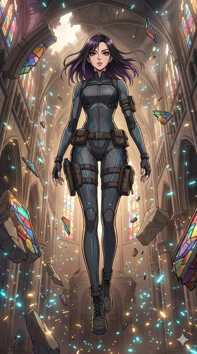 score_9, masterpiece, best quality, ultra-detailed, Set A: High-budget Anime Keyframe, Korean woman. Low angle cowboy shot filling the entire 9:16 frame with her statuesque presence. Floating through a shattered glass cathedral, as gravity fails and 