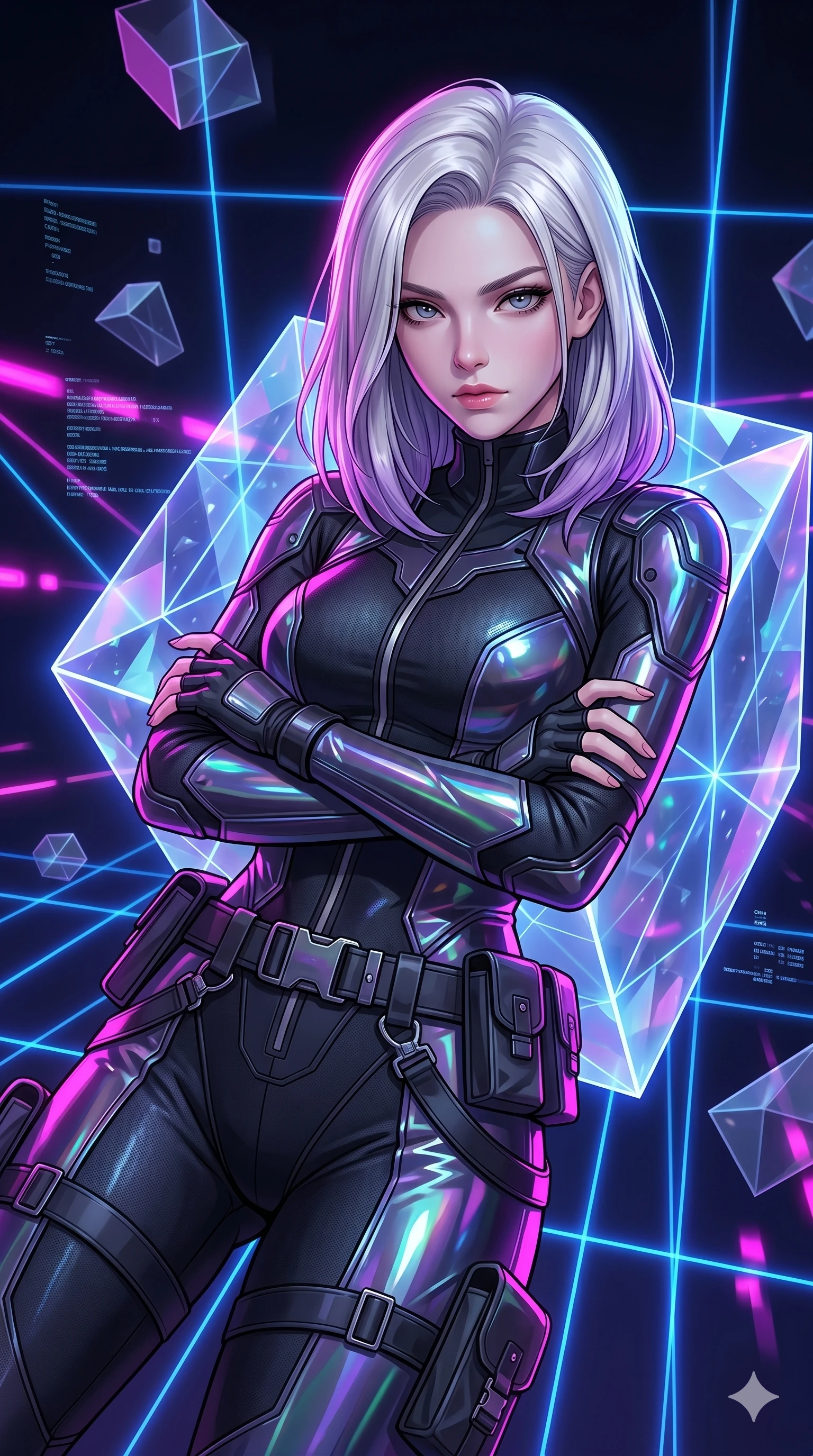 score_9, masterpiece, best quality, ultra-detailed, high-budget anime keyframe, editorial fashion photography, tasteful artistic composition, Caucasian woman, strictly human ears. Upper body close-up from the thighs up, character filling the screen for maximum presence. Inside a digital void with floating geometric shapes, leaning back against a floating cube, looking at the camera with an intense gaze. She is wearing a form-fitting tech-jumpsuit with glossy vinyl panels and a utility belt. The scene is illuminated by neon magenta strobe lights and sharp blue laser grids. 2k, ultra detail, master piece, 9:16 ratio