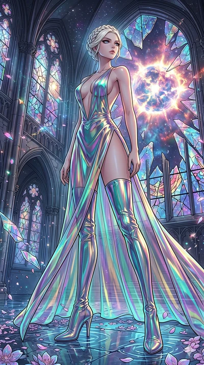 score_9, masterpiece, best quality, ultra-detailed, high-budget anime movie keyframe, cinematic anime lighting, intricate line art, Japanese woman. Low angle cowboy shot filling the entire 9:16 frame with her statuesque presence. observing a supernov