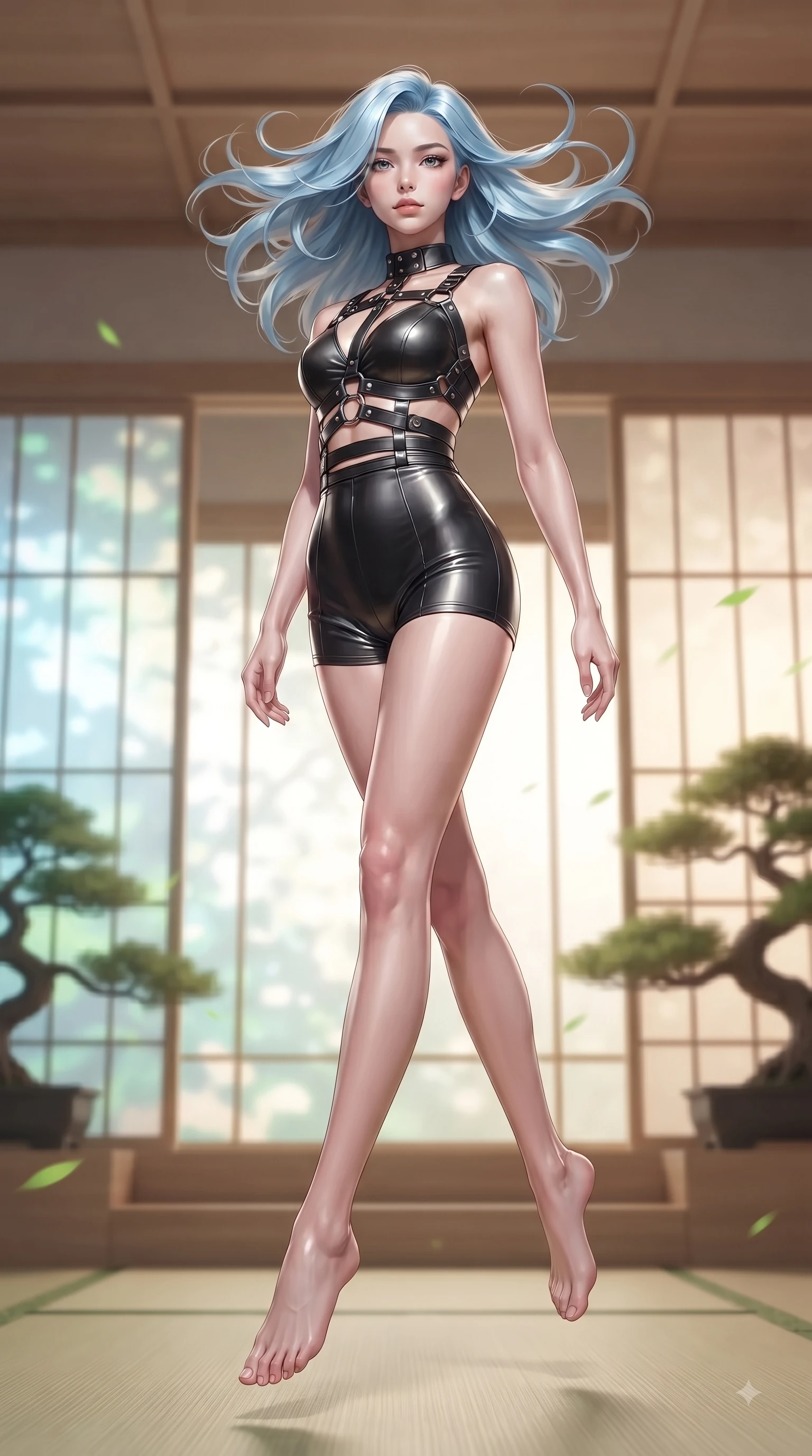 score_9, masterpiece, best quality, ultra-detailed, high-budget anime keyframe, editorial fashion photography, tasteful artistic composition, Korean woman woman. low angle full-body shot from head to toe showing her feet, filling the entire 9:16 vertical frame with her statuesque presence, stretching her vertical silhouette. She has an absolutely perfect, statuesque 8.5-heads proportion, an exceptionally tall and slender model-like female figure with impossibly long slender legs and an ultra-slim waist. leaping inside the glowing space with athletic poise, her hair swirling in a dynamic wind vortex, flawlessly proportioned anatomical accuracy, natural body alignment, perfectly sculpted elegant limbs, clean dynamic posture without body distortion. set against a soft-focus background of a cyber-zen tea room with digital shoji screens and bonsai. wearing a black structured leather harness over a fitted second-skin micro-shorts set. bathed in soft warm wooden ambient glow with gentle green digital plant highlights. ultra-reflective glossy finish, specular highlights, metallic sheen, high-contrast stereoscopic depth, volumetric dynamic lighting, 2k, ultra detail, master piece, 9:16 ratio