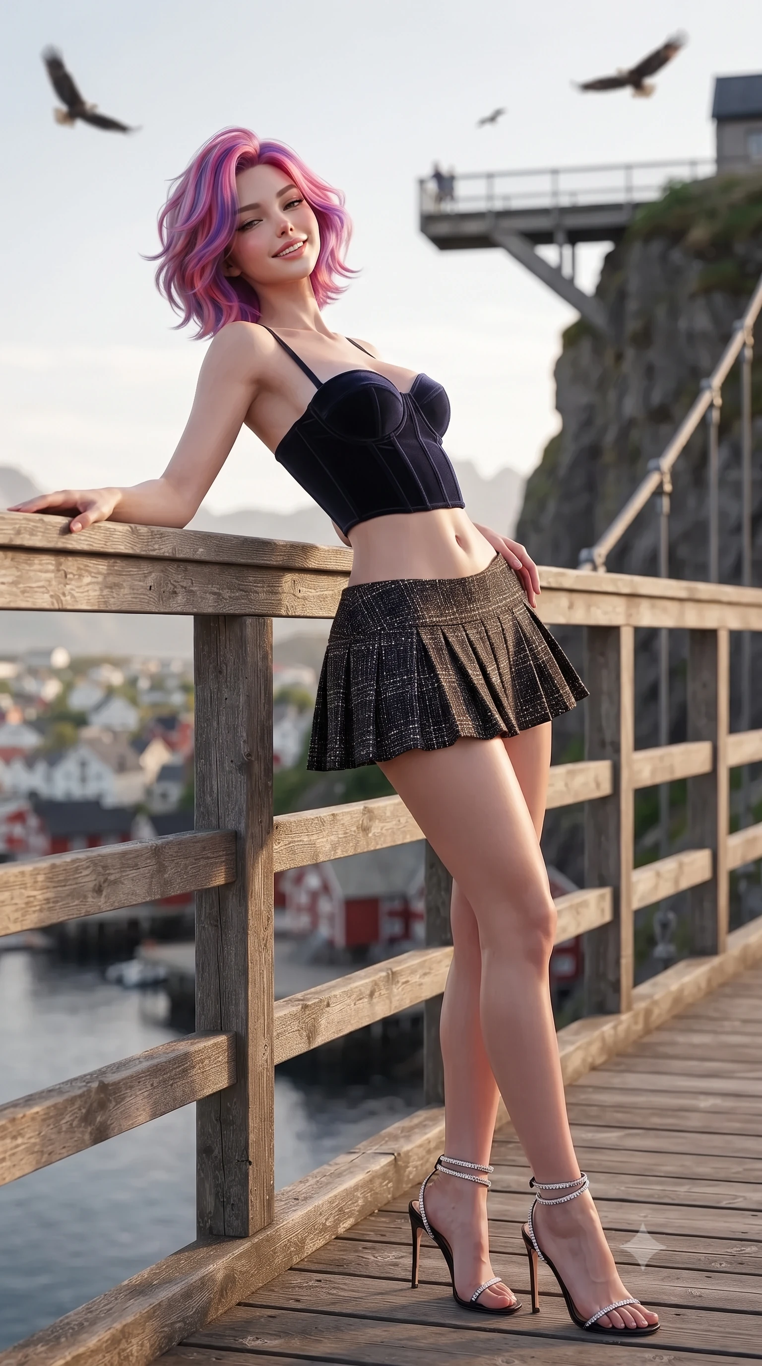 score_9, masterpiece, best quality, ultra-detailed, high-budget anime keyframe, editorial fashion photography, tasteful artistic composition, Caucasian woman. close-up cowboy shot from the waist and thighs up, the character dominates the composition, filling the frame with her large presence. leaning back against the balustrade with relaxed seductive grace, head tilted back slightly while casting a hypnotic, heavy-lidded gaze while standing poised on the suspended structural timber walkway high above the harbor town of Svolvær, arching her back with high-fashion ease as sea eagles soar overhead. The background shows a soft-focus gentle mountain breeze softened in clifftop architectural skybridge shallow focus. She has an exceptionally elegant, slender, and willowy female figure with an ultra-slim waist, flat toned midriff, narrow ribcage, and sculpted feminine hips creating an alluring, slim hourglass silhouette without bulk. sharp v-shaped jawline, high-bridge nose, intricate jewel-like sparkling eyes with depth, thick eyelashes, glossy parted lips with a natural peach sheen, bright cheerful beaming smile with an enchanting and coquettish sensual glint, exuding both youthful cute charm and seductive allure, flawlessly proportioned anatomical accuracy, strict slender model proportions, natural body alignment, perfectly sculpted long slender limbs, ultra-slim waistline, clean dynamic posture without body distortion. wearing a structured boned velvet bustier top paired with an ultra-short low-rise pleated micro mini skirt in deep midnight obsidian black and champagne gold, woven from structured British tweed with subtle metallic flecks, complemented by strappy stiletto sandals with crystal ankle wraps accentuating her slender calves, the form-contouring silhouette accentuating her sculpted flat midriff, narrow delicate ribcage, and gracefully curvy hips with intoxicating allure. illuminated by timber deck reflection bounce and sharp gold-and-silver dual rim lights sculpting her jawline, narrow waist, and curvy hips. ultra-reflective glossy finish, specular highlights, rich textural contrasts, high-contrast stereoscopic depth, volumetric dynamic lighting, 2k, ultra detail, master piece, 9:16 ratio