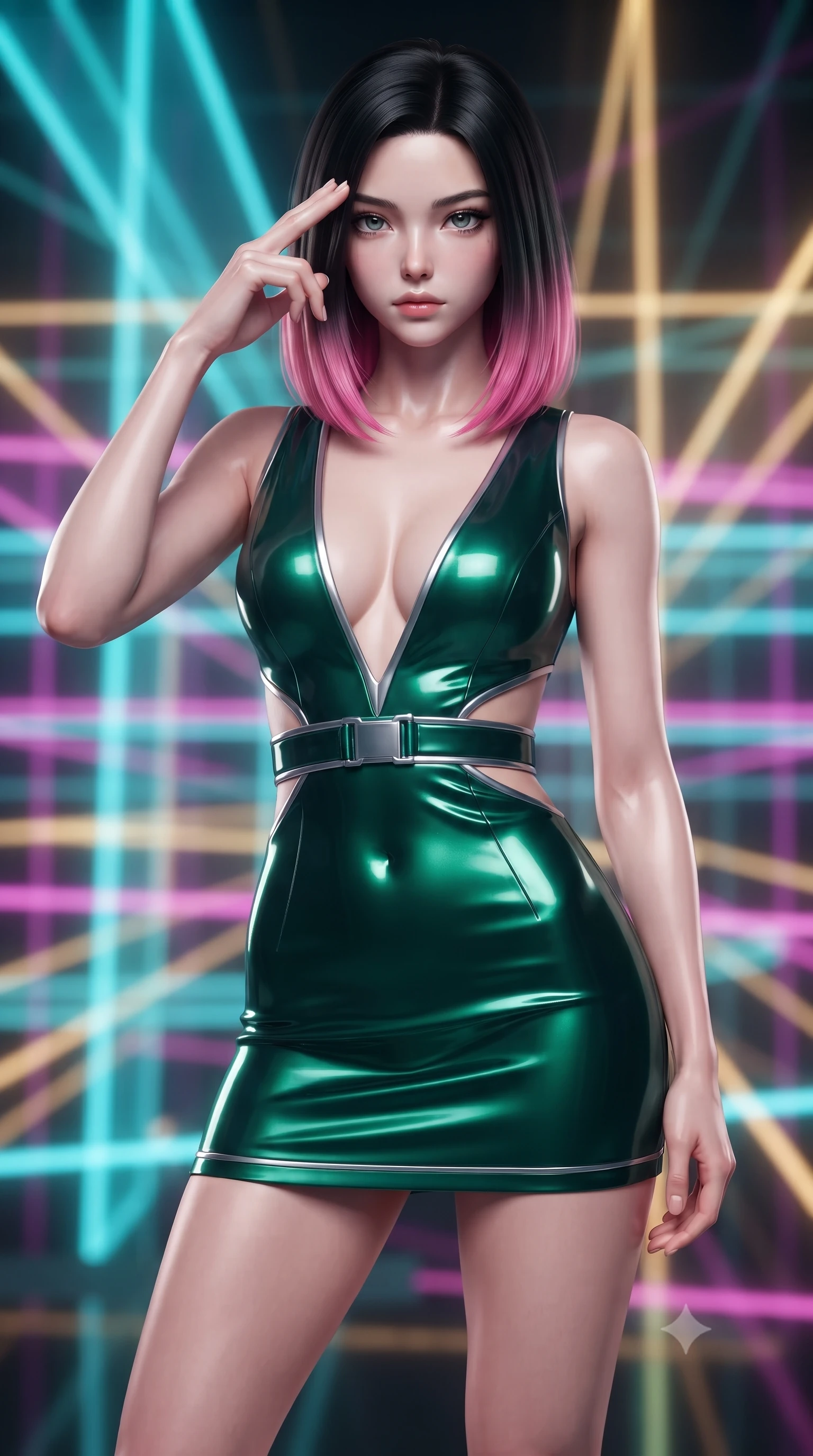 score_9, masterpiece, best quality, ultra-detailed, high-budget anime keyframe, editorial fashion photography, tasteful artistic composition, Korean woman. close-up cowboy shot from the waist and thighs up, the character dominates the composition, filling the frame with her large presence, background elements kept in soft focus. Pressing two fingers to her temple in a composed thoughtful gesture with an air of magnetic charisma navigating a maze of glowing silk ribbons that pulse to a cosmic rhythm, fluorescent cyan, magenta, and gold light threads crossing in 3D space. She has an exceptionally elegant, slender, and willowy female figure with an ultra-slim waist, a gracefully sculpted slender torso, and a refined silhouette. sharp v-shaped jawline, high-bridge nose, intricate jewel-like eyes with depth, thick eyelashes, glossy lips with a natural sheen. wearing a liquid mercury gloss mini dress with ultra-deep V-neck and waist cutouts in deep emerald green and silver accent, formed from sleek second-skin neoprene, detailed with polished silver buckles along the waistline, the glove-like fit emphasizing her statuesque silhouette. bathed in sharp geometric laser grid highlights and soft ambient fill. ultra-reflective glossy finish, specular highlights, metallic sheen, high-contrast stereoscopic depth, volumetric dynamic lighting, 2k, ultra detail, master piece, 9:16 ratio