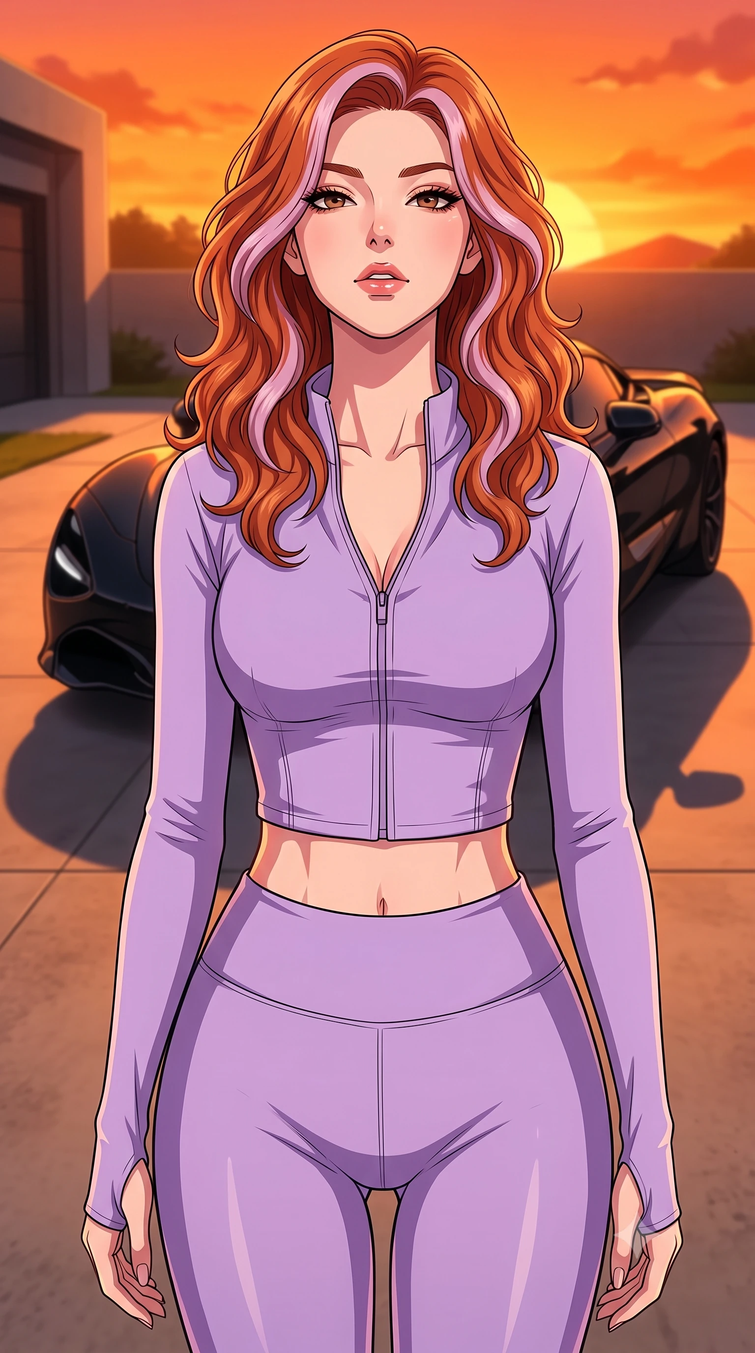 score_9, masterpiece, best quality, ultra-detailed, high-budget anime keyframe, tasteful artistic composition, Caucasian woman. close-up cowboy shot from the waist and thighs up, the character dominates the composition, filling the frame with her large presence, background elements kept in soft focus. tilting her chin up slightly with lips parted in a composed, provocative expression the background shows a soft-focus a modern concrete driveway facing a sleek black sports car at sunset. She has an exceptionally elegant, slender, and willowy female figure with an ultra-slim waist, a gracefully sculpted slender torso, and a refined silhouette. sharp v-shaped jawline, high-bridge nose, intricate jewel-like eyes with depth, thick eyelashes, glossy lips with a natural sheen. wearing a tailored body-hugging activewear set of a tailored zip-up long-sleeve crop top and matching high-waisted leggings in soft lavender. the dramatic orange glow of a sunset casting long shadows of the car and her figure. highly saturated vibrant anime colors, cel-shading, 2d style, master piece, 9:16 ratio