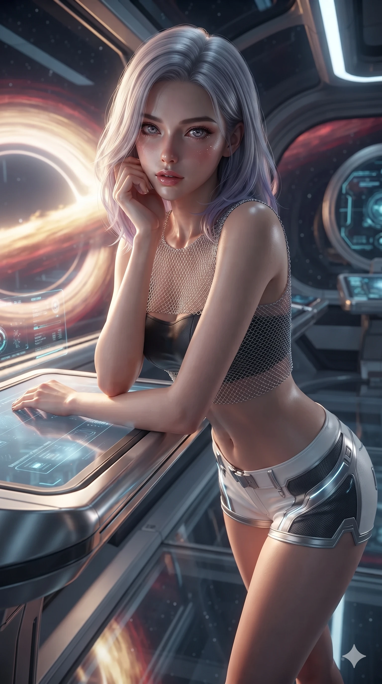 score_9, masterpiece, best quality, ultra-detailed, high-budget anime keyframe, editorial fashion photography, tasteful artistic composition, Caucasian woman. close-up cowboy shot from the waist and thighs up, the character dominates the composition, filling the frame with her large presence. resting one elbow on the diagnostic terminal and supporting her chin, leaning close to the camera with parted glossy lips and sparkling eyes while standing in a tall, confident posture on the transparent observatory catwalk, stretching her statuesque body as she arches her lower back while overlooking the blazing accretion disk swirling below. The surrounding environment is rendered in vivid detail and crisp panoramic clarity: detailed combat suit weave, blinding accretion light reflections on armor, and deep-space observatory architecture in high clarity. She has an exceptionally elegant, slender, and willowy female figure with an ultra-slim waist, flat toned midriff, narrow ribcage, and sculpted feminine hips creating an alluring, slim hourglass silhouette without bulk. sharp v-shaped jawline, high-bridge nose, intricate jewel-like sparkling eyes with depth, thick eyelashes, glossy parted lips with a natural sheen, bright confident smile with an enchanting and coquettish sensual glint, exuding both youthful magnetic charm and sovereign high-tech allure, flawlessly proportioned anatomical accuracy, strict slender model proportions, natural body alignment, perfectly sculpted long slender limbs, ultra-slim waistline, clean dynamic posture without body distortion. wearing a delicate silver chainmail mesh crop top layered over a sculpted matte black bandeau with low-rise combat shorts in pure alabaster white and brushed silver accents, crafted from lightweight aerodynamic matte carbon-fiber weave with structural stiffness, accented with illuminated micro-fiber optic circuit threads tracing along her ribs and spine, the glove-like clinging cut tightly following the natural contour of her hips and long slender legs with youthful 8.5-heads elegance. illuminated by viewport reflection bounce and sharp gold-crimson rim lights sculpting her razor-sharp jawline, narrow waist, and curvy hips. ultra-reflective glossy finish, specular highlights, rich textural contrasts, high-contrast stereoscopic depth, volumetric dynamic lighting, 2k, ultra detail, master piece, 9:16 ratio
