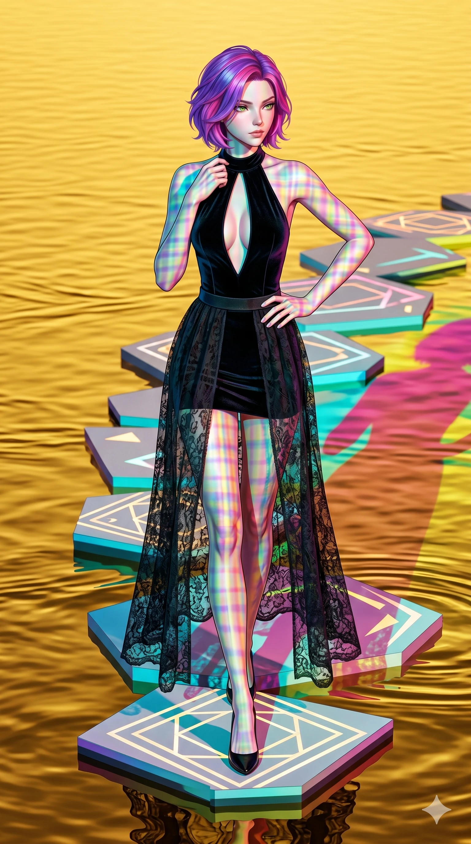 score_9, masterpiece, best quality, ultra-detailed, high-budget anime keyframe, editorial fashion photography, tasteful artistic composition, Caucasian woman, strictly human ears. cowboy shot from the thighs up, character and outfit filling the frame for maximum editorial presence. Gazing past the camera with an air of effortless superiority on a pathway of geometric stepping stones floating across a lake of liquid gold. She has an absolutely perfect 8-heads proportion, an exceptionally tall and slender female figure with impossibly long slender legs and an ultra-slim waist. V-shaped jawline, high-bridge nose, intricate jewel-like eyes with depth, thick eyelashes, glossy lips with a natural sheen. wearing a black velvet bodysuit with a keyhole neck, worn under a sheer lace maxi skirt with a solid mini-skirt lining. lit by high-contrast holographic projection lighting with vivid colored shadows that define her form. 2k, ultra detail, master piece, 9:16 ratio