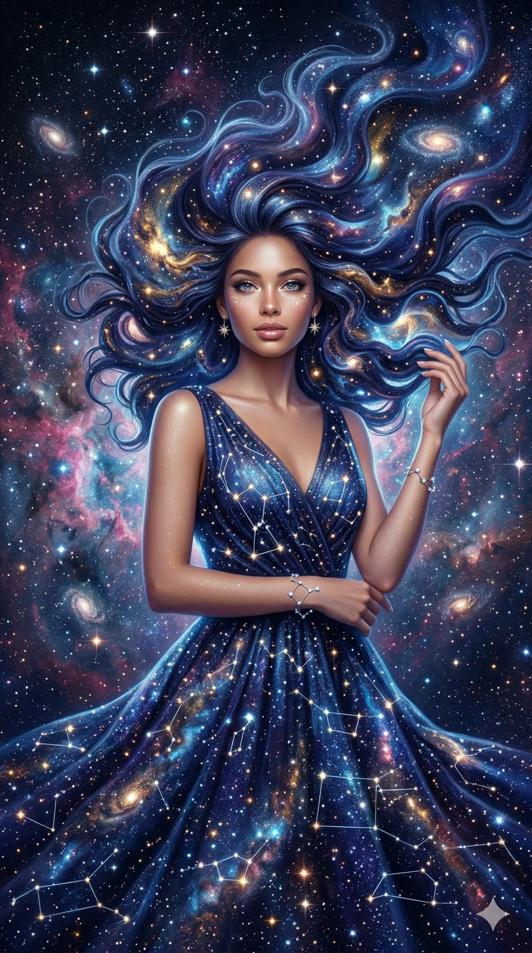 (masterpiece:1.2), best quality, highres, (1girl:1.3), breathtakingly beautiful woman, (hair made of liquid night sky:1.2), dress of constellations, cosmic, 2k, ultra detail, 9:16 ratio