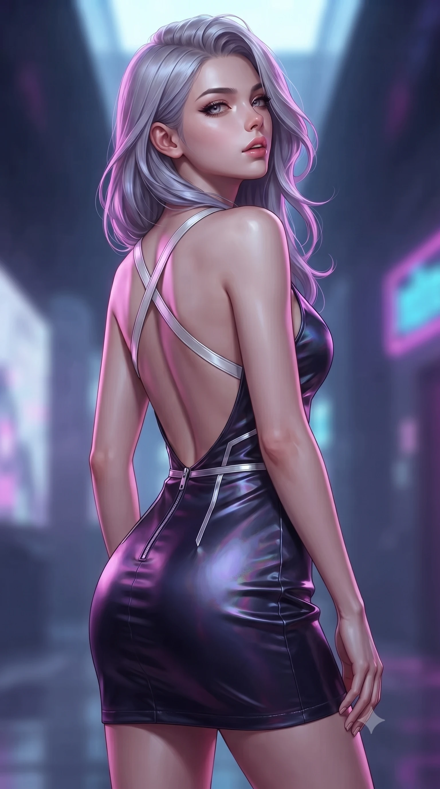 score_9, masterpiece, best quality, ultra-detailed, high-budget anime keyframe, editorial fashion photography, tasteful artistic composition, Caucasian woman. close-up cowboy shot from the waist and thighs up, the character dominates the composition, filling the frame with her large presence, background elements kept in soft focus. Tilting her chin up slightly with lips parted in a composed, magnetic expression, glancing sidelong over her shoulder with an enigmatic, smoldering expression, high-contrast gloss and matte textures glinting under specular neon lights. She has an exceptionally elegant, slender, and willowy female figure with an ultra-slim waist, a gracefully sculpted slender torso, and a refined silhouette. sharp v-shaped jawline, high-bridge nose, intricate jewel-like eyes with depth, thick eyelashes, glossy lips with a natural sheen. wearing dramatically scooped backless dark satin mini dress with criss-cross chrome straps in pearl white, made of iridescent dark violet taffeta, finished with metallic silver boning and sleek zipper points, sculpting her athletic slender build with refined precision. lit by piercing key rays emerging from deep futuristic shadows. ultra-reflective glossy finish, specular highlights, metallic sheen, high-contrast stereoscopic depth, volumetric dynamic lighting, 2k, ultra detail, master piece, 9:16 ratio