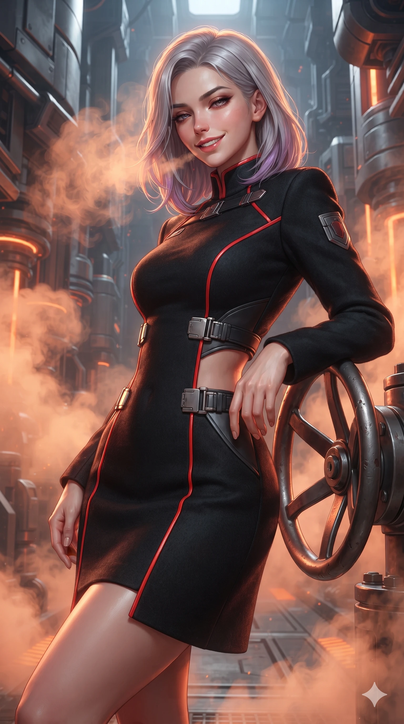 score_9, masterpiece, best quality, ultra-detailed, high-budget anime keyframe, editorial fashion photography, tasteful artistic composition, Caucasian woman. close-up cowboy shot from the waist and thighs up, the character dominates the composition, filling the frame with her large presence. twisting her slender torso in an alluring S-curve, dynamic rim light painting her narrow waist and curvy hips in fire while leaning against the heavy industrial bulkhead valve wheel with hips cocked back, looking through swirling orange steam clouds with heavy-lidded smoldering bedroom-eyes. The surrounding environment is rendered in vivid detail and crisp panoramic clarity: detailed high-tech combat tailoring, brushed alloy accents, and monumental geothermal architecture in razor-sharp precision. She has an exceptionally elegant, slender, and willowy female figure with an ultra-slim waist, flat toned midriff, narrow ribcage, and sculpted feminine hips creating an alluring, slim hourglass silhouette without bulk. sharp v-shaped jawline, high-bridge nose, intricate jewel-like sparkling eyes with depth, thick eyelashes, glossy parted lips with a natural sheen, bright confident smile with an enchanting and coquettish sensual glint, exuding both youthful magnetic charm and sovereign high-tech allure, flawlessly proportioned anatomical accuracy, strict slender model proportions, natural body alignment, perfectly sculpted long slender limbs, ultra-slim waistline, clean dynamic posture without body distortion. wearing a prestigious diplomatic high-neck sci-fi senate coat dress in structured nano-wool with polished titanium clasp hardware in midnight black lacquer and vibrant scarlet neon, made of flexible bullet-resistant ballistic microfiber with high-tensile strength, finished with polished chrome buckle hardware and modular magnetic holster clasps, the bespoke structured tailoring following the natural line of her 8.5-heads silhouette with refined elegance. illuminated by floor warning lights and sharp copper rim lighting sculpting her razor-sharp jawline, narrow waist, and curvy hips. ultra-reflective glossy finish, specular highlights, rich textural contrasts, high-contrast stereoscopic depth, volumetric dynamic lighting, 2k, ultra detail, master piece, 9:16 ratio