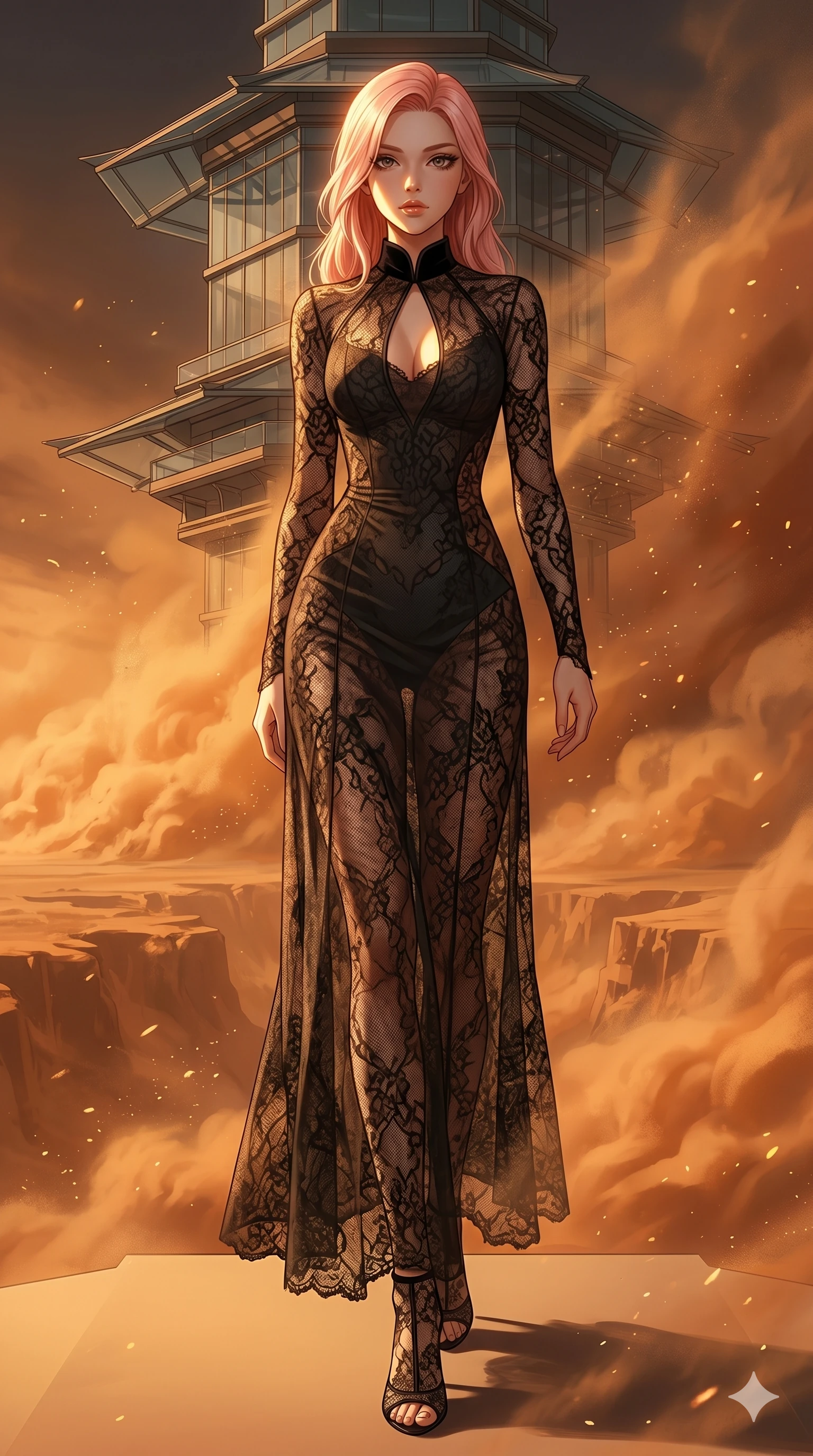 score_9, masterpiece, best quality, ultra-detailed, high-budget anime keyframe, editorial fashion photography, tasteful artistic composition, Japanese woman. low angle full-body shot from head to toe showing her feet, filling the entire 9:16 vertical frame with her statuesque presence, stretching her vertical silhouette. Stepping powerfully forward onto an elevated surface atop a floating glass pagoda overlooking a vast canyon of swirling orange dust storms. She has an absolutely perfect 8-heads proportion, an exceptionally tall and slender female figure with impossibly long slender legs and an ultra-slim waist. V-shaped jawline, high-bridge nose, intricate jewel-like eyes with depth, thick eyelashes, glossy lips with a natural sheen. wearing a floor-length gown in semi-opaque black lace with a high velvet collar, a keyhole cutout at the chest, and an under-layer that contours her statuesque figure. lit by dramatic chiaroscuro with a single golden key light carving her facial contours and figure. 2k, ultra detail, master piece, 9:16 ratio