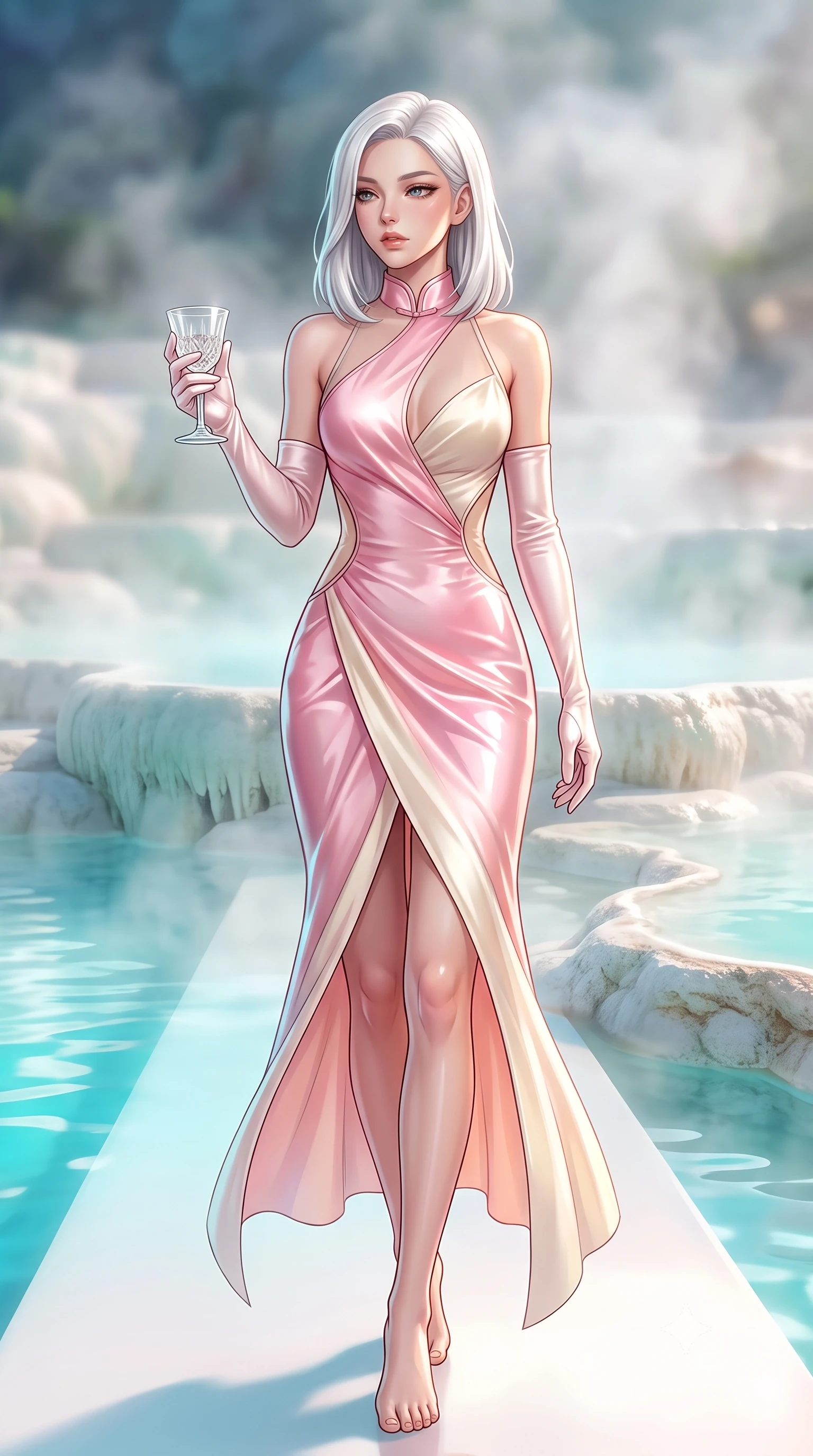 score_9, masterpiece, best quality, ultra-detailed, high-budget anime keyframe, semi-realistic 3D game render, editorial fashion photography, tasteful artistic composition, Korean woman. low angle full-body shot from head to toe showing her feet, filling the entire 9:16 vertical frame with her statuesque presence, stretching her vertical silhouette. striding forward in a proud supermodel runway stride, hips swaying in an alluring kinetic rhythm that accentuates her curvy hourglass silhouette while sitting on the smooth calcified white mineral rim with legs crossed, looking over her bare shoulder with sun-dazed, seductive bedroom-eyes. The composition keeps background elements in soft focus with creamy bokeh. steaming thermal pool vapors and calcified mineral ridges softened in ethereal nature shallow focus. She has an exceptionally tall and slender model-like 8.5-heads proportion, an ultra-slim waist, a flat toned midriff, narrow delicate ribcage, and beautifully sculpted feminine hips creating a graceful, slim hourglass silhouette without any bulky heaviness, with impossibly long slender legs. sharp v-shaped jawline, high-bridge nose, intricate jewel-like eyes with depth, thick eyelashes, glossy parted lips with a natural sheen, intensely captivating and seductive bedroom-eyes expression, flawlessly proportioned anatomical accuracy, strict slender model proportions, natural body alignment, perfectly sculpted long slender limbs, ultra-slim waistline, clean dynamic posture without body distortion. wearing a wet-look silk fusion wrap dress with asymmetrical sheer mesh cutouts and high Mandarin collar in sakura blossom pink and warm ivory, tailored from ultra-smooth duchess satin with a pearlescent sheen, accessorized with opera-length satin gloves and a vintage crystal glass, the precision-cut side openings and low-back scoop framing her graceful spine and the sensual sweep of her slim, toned hips. illuminated by luminous turquoise water reflections sharply carving her razor-sharp jawline, narrow waist, and curvy hips. highly saturated vibrant anime colors, detailed shading with soft gradients, rich glossy textures, high-contrast stereoscopic depth, volumetric dynamic lighting, master piece, 9:16 ratio