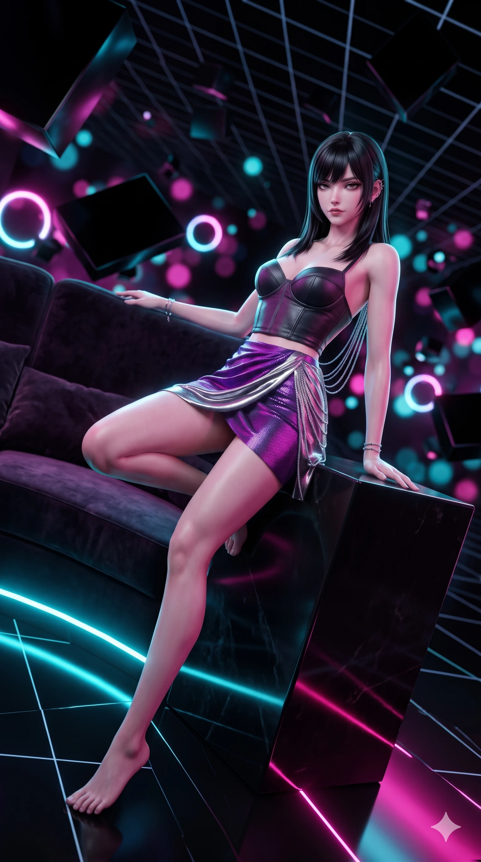 score_9, masterpiece, best quality, ultra-detailed, high-budget anime keyframe, semi-realistic 3D game render, editorial fashion photography, tasteful artistic composition, Caucasian woman. low angle full-body shot from head to toe showing her feet, filling the entire 9:16 vertical frame with her statuesque presence, stretching her vertical silhouette. reclining languidly across the dark velvet banquette with one knee bent and hips angled toward the camera while perched on the corner of the polished black slab with one knee drawn up, looking down into the digital abyss with fearless bedroom-eyes. The background shows a soft-focus tumbling obsidian geometric slabs, endless deep-space perspective grid lines, and glowing neon ring nodes blurred into magenta, cyan, and pitch-black bokeh. She has an absolutely perfect, statuesque 8.5-heads proportion, an exceptionally tall and slender model-like female figure with impossibly long slender legs, an ultra-slim waist, a flat toned midriff, narrow delicate ribcage, and beautifully sculpted feminine hips creating a graceful, slim hourglass silhouette without any bulky heaviness. sharp v-shaped jawline, high-bridge nose, intricate jewel-like dark sparkling eyes with hypnotic seductive depth, thick curled eyelashes, glossy parted lips with a natural wine sheen, alluring bedroom-eyes with an enigmatic smoldering smile, exuding magnetic sovereign charisma and dark avant-garde glamour, flawlessly proportioned anatomical accuracy, strict slender model proportions, natural body alignment, perfectly sculpted long slender limbs, ultra-slim waistline, clean dynamic posture without body distortion. wearing a structured underwire leather bustier top paired with an ultra-short draped wrap mini skirt in royal amaranth purple and liquid platinum, crafted from stretch micro-mesh with metallic foil coating that shimmers in the laser light, accented with an open-back drape framed by falling strands of delicate chrome chains, the bespoke structured tailoring following the natural line of her 8.5-heads silhouette with refined elegance. bathed in high-contrast cyan and hot-magenta neon vector lines slicing across dark surfaces. highly saturated vibrant anime colors, detailed shading with soft gradients, rich glossy textures, high-contrast stereoscopic depth, volumetric dynamic lighting, master piece, 9:16 ratio