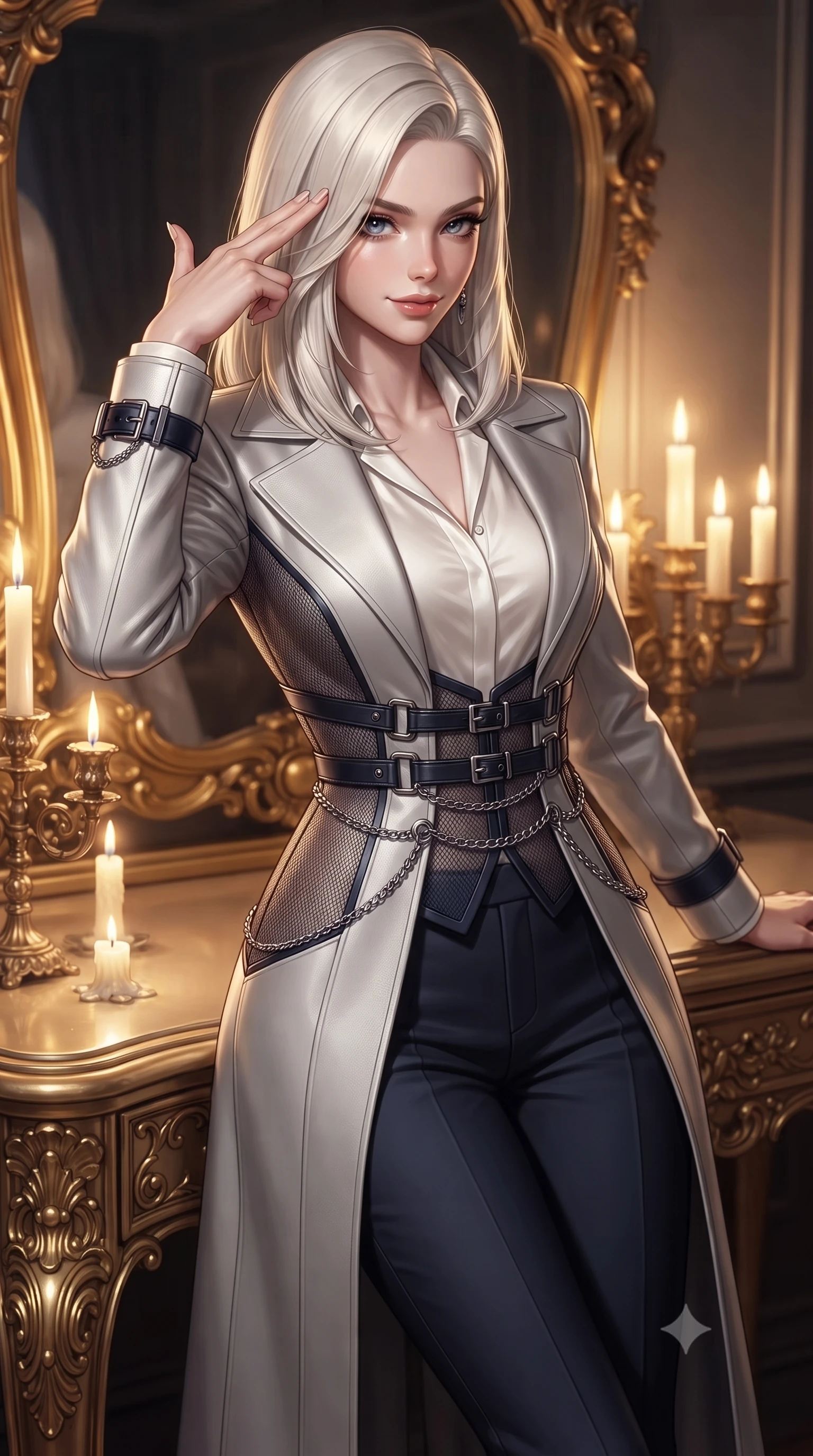 score_9, masterpiece, best quality, ultra-detailed, high-budget anime keyframe, editorial fashion photography, tasteful artistic composition, Caucasian woman. close-up cowboy shot from the waist and thighs up, the character dominates the composition, filling the frame with her large presence, background elements kept in soft focus. Pressing two fingers to her temple in a composed, sharp thoughtful gesture, leaning against an ornate gilded vanity table illuminated by flickering candles, magnetic, smoldering half-smile as she glances sidelong into the camera. She has an exceptionally elegant, slender, and willowy female figure with an ultra-slim waist, a gracefully sculpted slender torso, and a refined silhouette. sharp v-shaped jawline, high-bridge nose, intricate jewel-like eyes with depth, thick eyelashes, glossy lips with a natural sheen. wearing structured platinum leather long coat over white silk blouse and tailored slacks in midnight navy blue, made of fine dark contouring mesh, framed by dark titanium buckles and silver chain details, highlighting her statuesque proportions and ultra-slim waistline. illuminated by warm golden candle rays and high-contrast dark velvet shadows. ultra-reflective glossy finish, specular highlights, metallic sheen, high-contrast stereoscopic depth, volumetric dynamic lighting, 2k, ultra detail, master piece, 9:16 ratio