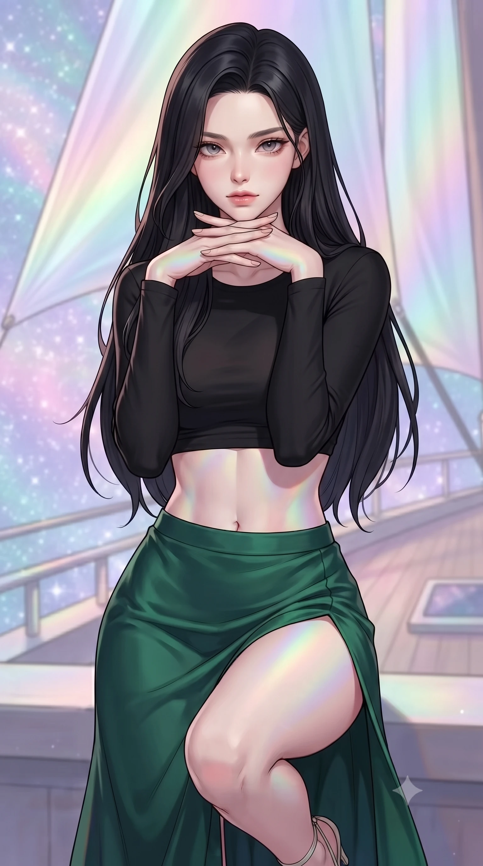 score_9, masterpiece, best quality, ultra-detailed, high-budget anime keyframe, gorgeous anime illustration, with clean line-art and distinct ink outlines, Korean woman. close-up cowboy shot from the waist and thighs up, the character dominates the composition, filling the frame with her large presence, background elements kept in soft focus. Resting her chin on the backs of her fingers in a confident pose. set against a soft-focus background of on the deck of a cosmic sailing vessel with sails made of iridescent solar film catcher ribbons catching solar wind waves, sailing through a field of glittering pastel space dust. She has an exceptionally elegant and slender, willowy female figure with an ultra-slim waist, a gracefully sculpted slender torso, and a refined slim physique. sharp v-shaped jawline, high-bridge nose, intricate jewel-like eyes with depth, thick eyelashes, glossy lips with a natural sheen. wearing a black long-sleeve crop top paired with a high-slit silk skirt in emerald green. shifting iridescent pastel reflections from the sails casting rainbow highlight gradients on the character's silhouette. 2k, ultra detail, master piece, 9:16 ratio, vibrant anime color palette, detailed cel-shading with soft gradients, rich contrast, dynamic lighting, 2d animation style