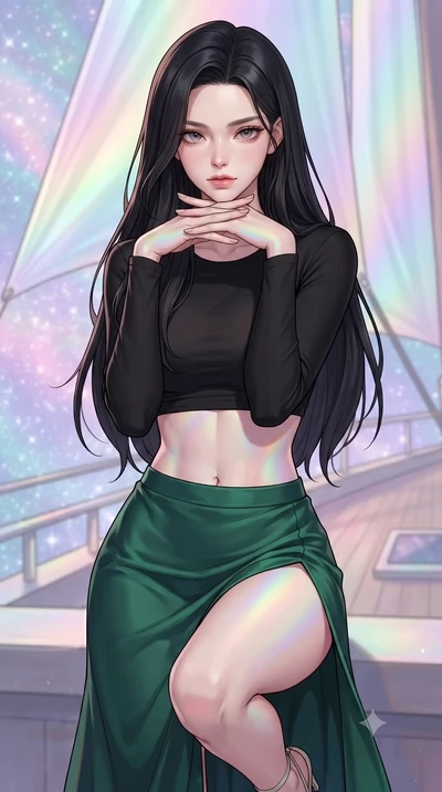 score_9, masterpiece, best quality, ultra-detailed, high-budget anime keyframe, gorgeous anime illustration, with clean line-art and distinct ink outlines, Korean woman. close-up cowboy shot from the waist and thighs up, the character dominates the c