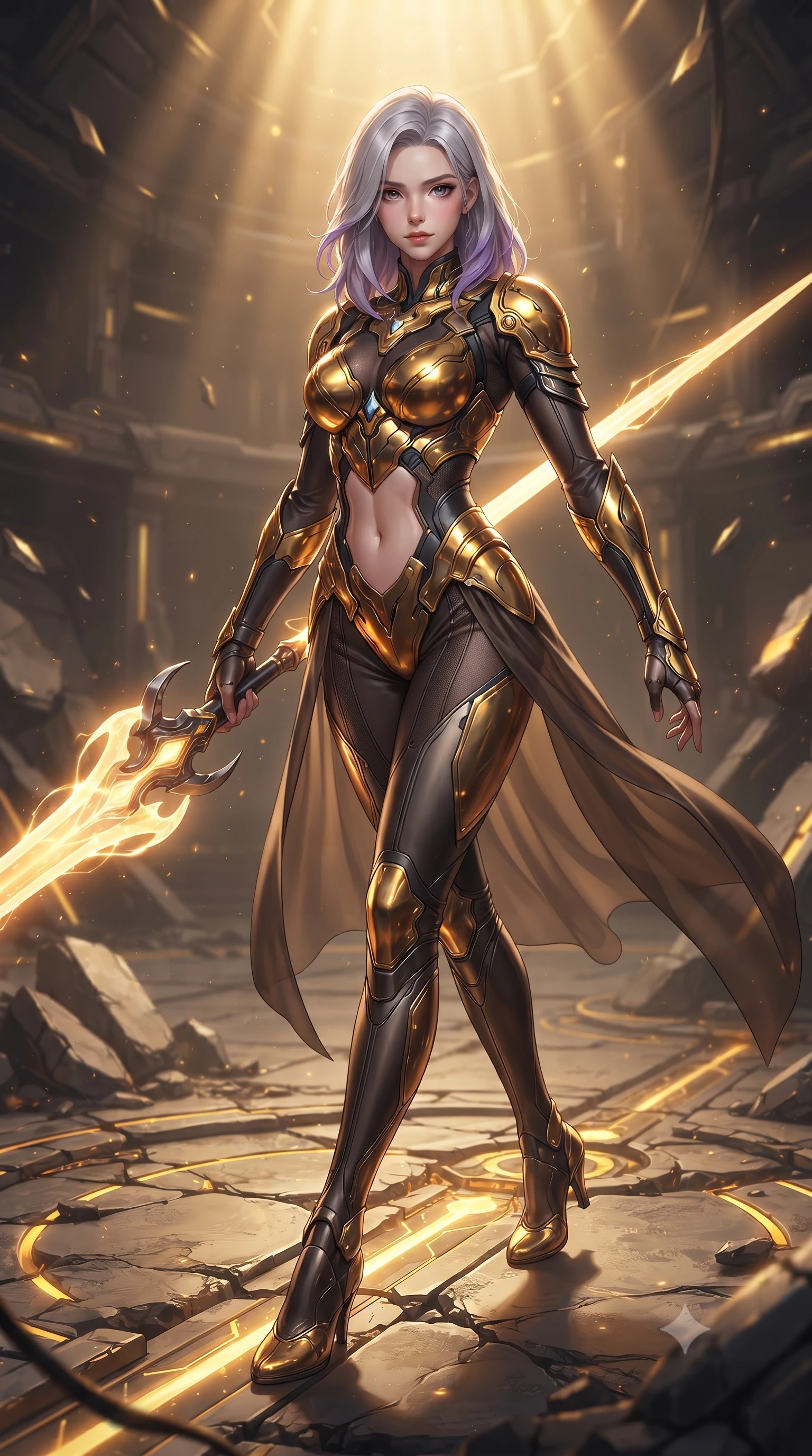 score_9, masterpiece, best quality, ultra-detailed, high-budget anime keyframe, editorial fashion photography, tasteful artistic composition, Caucasian woman. low angle full-body shot from head to toe showing her feet, filling the entire 9:16 vertical frame with her statuesque presence, stretching her vertical silhouette. pivoting dynamically in mid-motion with a breathtakingly alluring posture, displaying her flawless model proportions, toned flat midriff, and ultra-slim waist while striding forward across the ruined arena floor with greatsword held in one hand with effortless supermodel strength. The surrounding environment is rendered in vivid detail and crisp panoramic clarity. detailed carbon-composite sword fuller weave, glowing golden power conduits, and cracked arena stone in deep focus. She has an absolutely perfect, statuesque 8.5-heads proportion, an exceptionally tall and slender model-like female figure with impossibly long slender legs, a toned flat midriff, and an ultra-slim waist. sharp v-shaped jawline, high-bridge nose, intricate jewel-like eyes with depth, thick eyelashes, glossy lips with a natural sheen, flawlessly proportioned anatomical accuracy, strict slender model proportions, natural body alignment, perfectly sculpted long slender limbs, ultra-slim waistline, clean dynamic posture without body distortion. wearing a sculpted molten-gold and dark carbon cuirass paired with high-mobility combat leggings and sheer side drapes, wielding a glowing plasma energy scythe with fluid grace in arctic white carbon composite with radiant solar gold plating, tailored from flexible second-skin carbon-mesh that clings flawlessly to her athletic curves, finished with high-mobility articulation joints and miniature magnetic armor locks, the sleek second-skin cut tightly hugging her graceful clavicle, narrow waist, and feminine curves with athletic precision. bathed in warm golden arena searchlights and glowing greatsword energy channel radiance. ultra-reflective glossy finish, specular highlights, dark metallic sheen, high-contrast stereoscopic depth, volumetric dynamic lighting, 2k, ultra detail, master piece, 9:16 ratio
