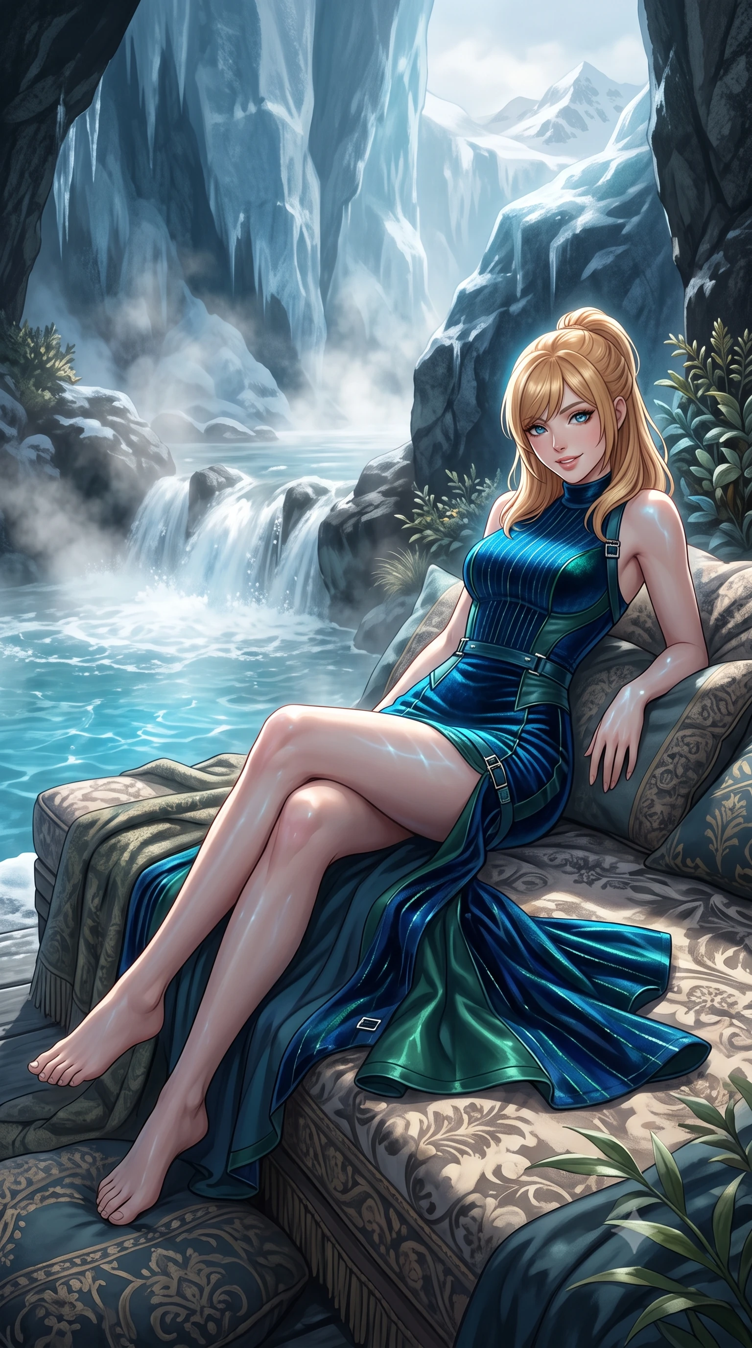 score_9, masterpiece, best quality, ultra-detailed, high-budget anime keyframe, editorial fashion photography, tasteful artistic composition, Caucasian woman. low angle full-body shot from head to toe showing her feet, filling the entire 9:16 vertical frame with her statuesque presence, stretching her vertical silhouette. lounging on the lavish daybed with legs crossed and hips angled toward the camera, displaying her toned midriff and long slender limbs with effortless siren poise while twisting her slender torso in an alluring contrapposto stance beside the thermal waterfall, azure water caustics dancing across her narrow waist and curvy hips. The surrounding environment is rendered in vivid detail and crisp panoramic clarity: detailed outfit weave, form-fitting wet cling or bodycon lines, and Arctic glacial retreat craft in razor-sharp precision. She has an exceptionally tall and slender model-like 8.5-heads proportion, an ultra-slim waist, a flat toned midriff, narrow delicate ribcage, and beautifully sculpted feminine hips creating a graceful, slim hourglass silhouette without any bulky heaviness, with impossibly long slender legs. sharp v-shaped jawline, high-bridge nose, intricate jewel-like sparkling eyes with depth, thick eyelashes, glossy parted lips with a natural peach sheen, bright cheerful beaming smile with an enchanting and coquettish sensual glint, exuding both youthful cute charm and seductive allure, flawlessly proportioned anatomical accuracy, strict slender model proportions, natural body alignment, perfectly sculpted long slender limbs, ultra-slim waistline, clean dynamic posture without body distortion. wearing a tailored velvet bodycon dress with metallic fiber pinstripes following her statuesque 8.5-heads silhouette in abyssal ocean sapphire and bioluminescent emerald, woven from buttery-soft stretch lambskin leather adhering to her body like a second skin, finished with sleek magnetic buckle closures fluttering in the breeze, the glove-like clinging cut tightly following the natural contour of her hips and long slender legs with youthful 8.5-heads elegance. illuminated by pool surface reflection bounce and sharp ice-blue rim lights sculpting her razor-sharp jawline, narrow waist, and curvy hips. ultra-reflective glossy finish, specular highlights, rich textural contrasts, high-contrast stereoscopic depth, volumetric dynamic lighting, 2k, ultra detail, master piece, 9:16 ratio