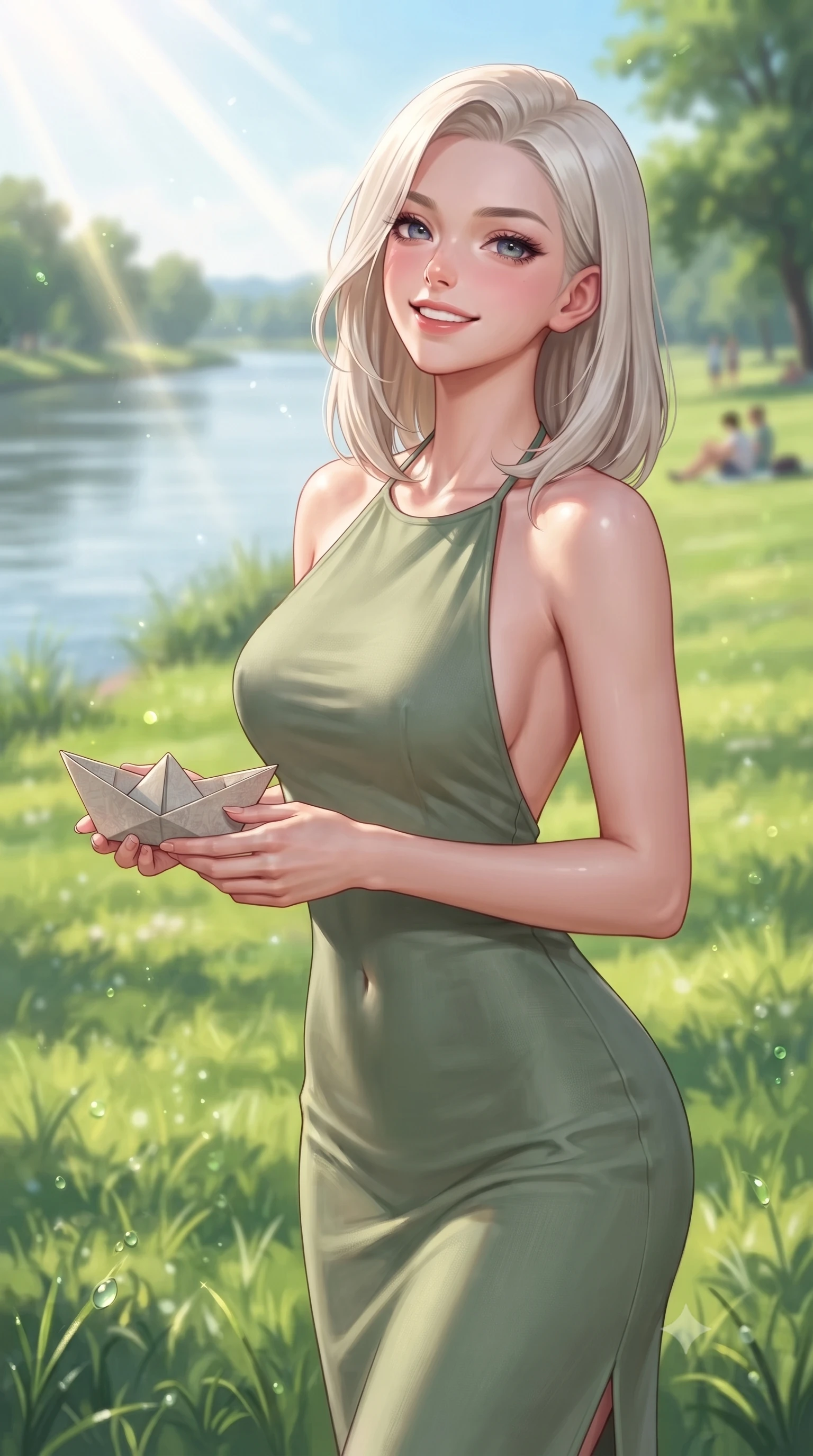 score_9, masterpiece, best quality, ultra-detailed, high-budget anime keyframe, editorial fashion photography, tasteful artistic composition, Caucasian woman. close-up cowboy shot from the waist and thighs up, the character dominates the composition, filling the frame with her large presence, background elements kept in soft focus. tilting her chin up with a composed yet magnetic gaze under long dark eyelashes set against a soft-focus background of on a grassy riverside park lawn next to a wide, calm river holding a small paper boat with a delighted smile, ready to float it. She has an exceptionally elegant, slender, and willowy female figure with an ultra-slim waist, a gracefully sculpted slender torso, and a refined silhouette. sharp v-shaped jawline, high-bridge nose, intricate jewel-like eyes with depth, thick eyelashes, glossy lips with a natural sheen. wearing form-contouring backless linen halter dress in sage green, showing her elegant shoulder lines. bright morning sun rays creating fresh dewdrop reflections on the grass. highly saturated vibrant anime colors, detailed shading with soft gradients, rich glossy textures, high-contrast stereoscopic depth, volumetric dynamic lighting, master piece, 9:16 ratio