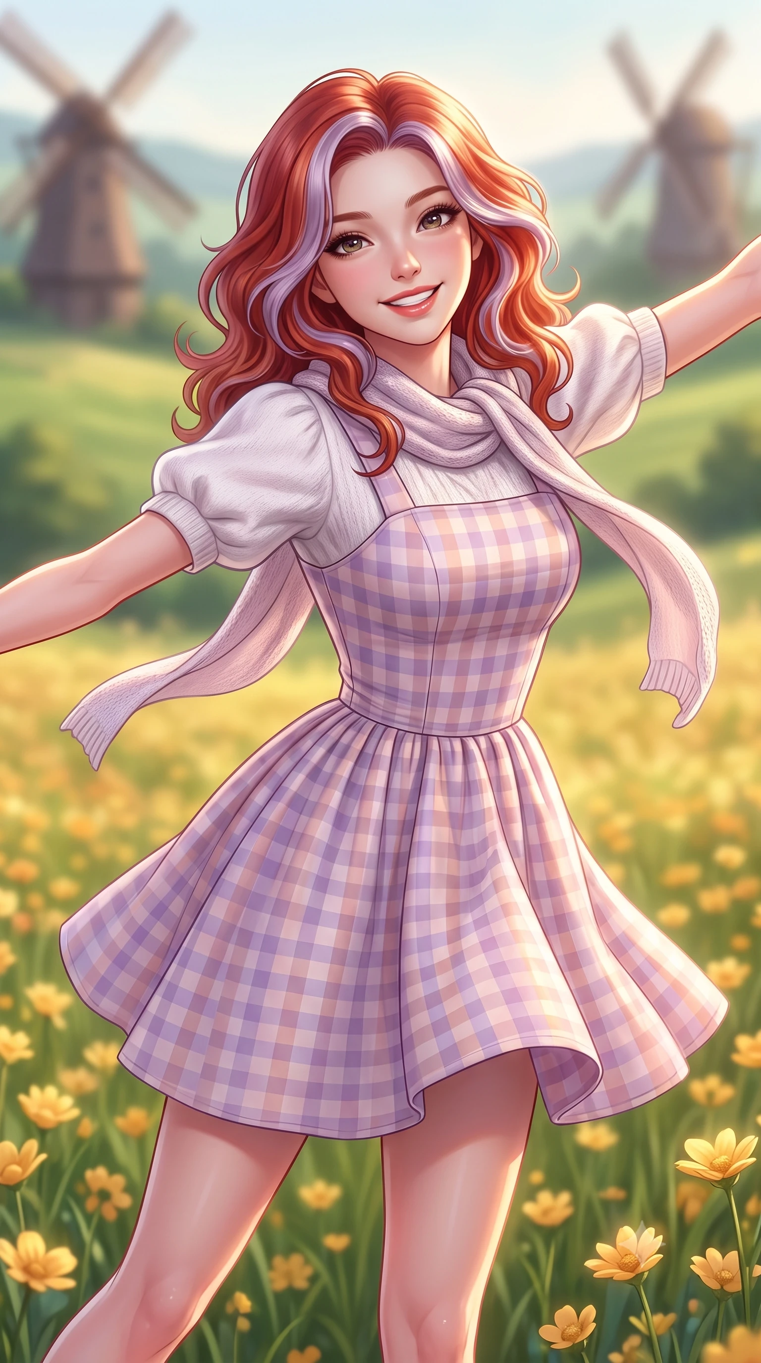 score_9, masterpiece, best quality, ultra-detailed, high-budget anime keyframe, semi-realistic 3D game render, editorial fashion photography, tasteful artistic composition, Caucasian woman. close-up cowboy shot from the waist and thighs up, the character dominates the composition, filling the frame with her large presence. radiating a joyful bright smile with sparkling jewel-like eyes and pure charming energy, leaning forward with playful grace while stretching her arms out wide in the golden flower field, embracing the warm summer breeze with pure girlhood delight. The composition keeps background elements in soft focus with creamy bokeh. rolling green meadows and distant rustic windmills softened in dreamy shallow focus. She has an exceptionally elegant, slender, and willowy female figure with an ultra-slim waist, a gracefully sculpted slender torso, toned flat midriff, and a refined slim silhouette. sharp v-shaped jawline, high-bridge nose, intricate jewel-like eyes with depth, thick eyelashes, glossy lips with a natural sheen, pure and lovely fresh girlhood expression, flawlessly proportioned anatomical accuracy, strict slender model proportions, natural body alignment, perfectly sculpted long slender limbs, ultra-slim waistline, clean dynamic posture without body distortion. wearing a charming pastel gingham pinafore dress layered over a soft white puff-sleeve blouse in subtle lilac violet and soft rose gold, knitted from ultra-soft cozy baby-cashmere yarn, finished with a lightweight knitted scarf draped loosely around her neck, the breezy lightweight fabric fluttering softly against her delicate collarbones, narrow waist, and feminine curves. surrounded by a heartwarming, radiant, and delightfully sunny countryside princess aura. highly saturated vibrant anime colors, detailed shading with soft gradients, rich glossy textures, high-contrast stereoscopic depth, volumetric dynamic lighting, master piece, 9:16 ratio