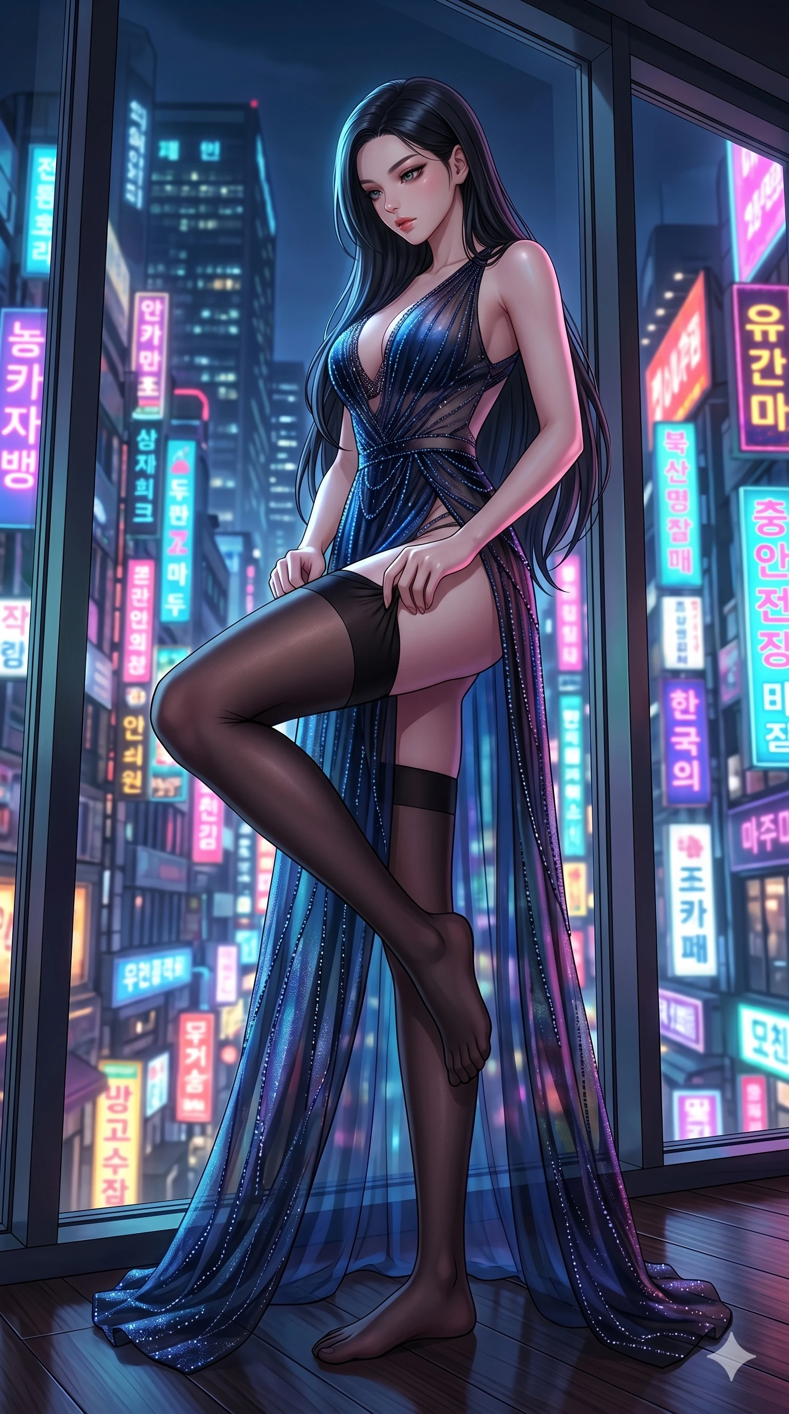 score_9, masterpiece, best quality, ultra-detailed, High-budget Anime Keyframe, East Asian woman. Low angle cowboy shot filling the entire 9:16 frame with her statuesque presence. Scenario 47: Adjusting her thigh-high stocking by a glowing neon window. Her presence is magnetic and overpowering in this high-budget anime scene. Outfit 47: A shimmering chiffon long with a thigh-high slit and translucent layers. The clothing is designed to emphasize her exceptionally tall and slender 8-heads proportion. 8-heads proportion, towering silhouette, ultra-slim waist. sharp v-shaped jawline, intricate jewel-like eyes with depth, thick eyelashes, glossy lips. 2k, ultra detail, master piece, 9:16 ratio