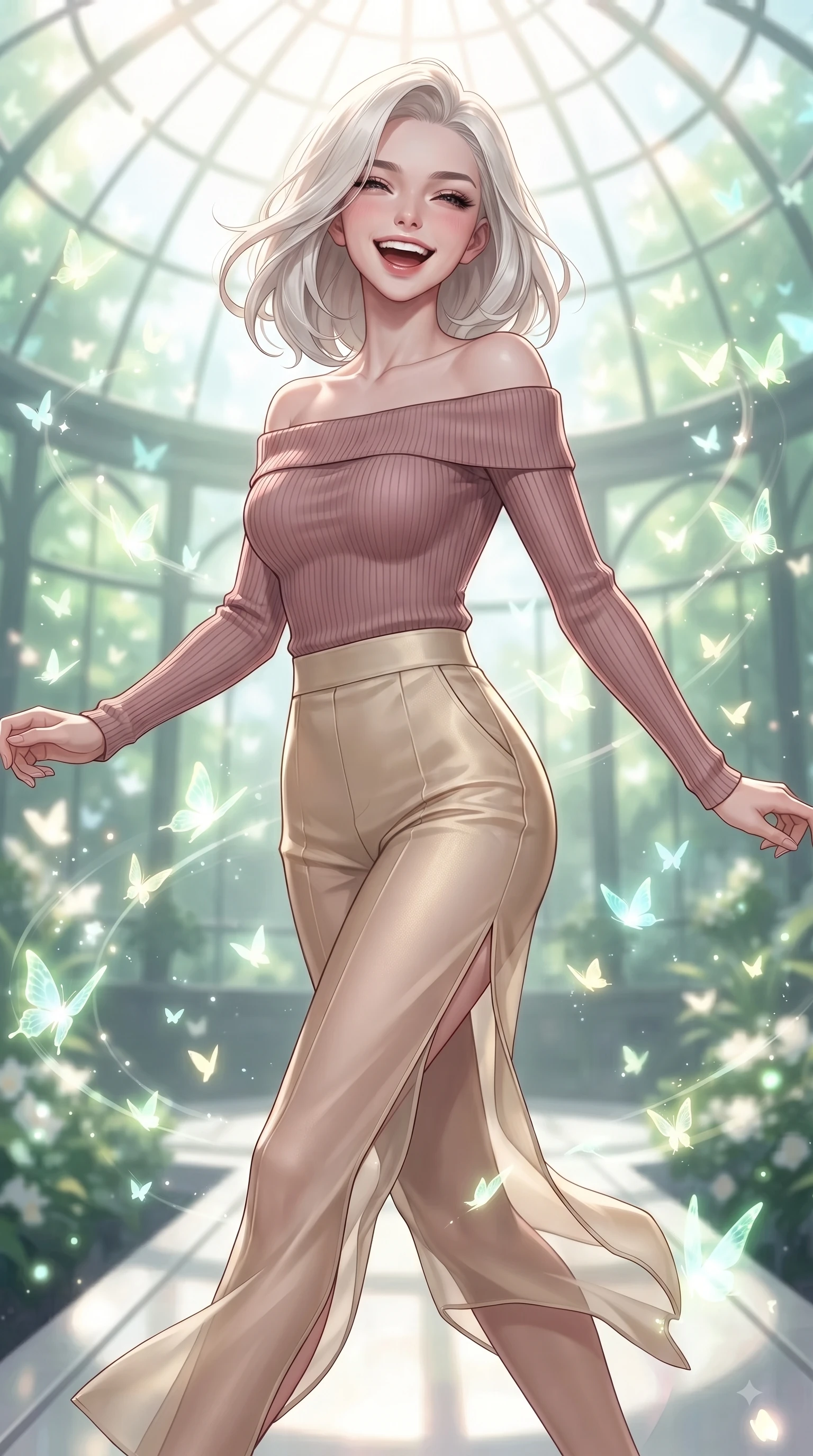 score_9, masterpiece, best quality, ultra-detailed, high-budget anime keyframe, editorial fashion photography, tasteful artistic composition, Caucasian woman. close-up cowboy shot from the waist and thighs up, the character dominates the composition, filling the frame with her large presence, background elements kept in soft focus. Joyful laughing expression filled with genuine happiness and warmth, leaning forward with cheerful energy while leaping playfully across a platinum walkway in a sunlit glass dome filled with glowing butterflies, hundreds of bioluminescent glass butterflies fluttering around her in cheerful light trails. She has an exceptionally elegant, slender, and willowy female figure with an ultra-slim waist, a gracefully sculpted slender torso, and a refined silhouette. sharp v-shaped jawline, high-bridge nose, intricate jewel-like eyes with depth, thick eyelashes, glossy lips with a natural sheen, flawlessly proportioned anatomical accuracy, natural body alignment, perfectly sculpted elegant limbs, clean dynamic posture without body distortion. wearing a sleek off-shoulder ribbed knit top paired with high-waist tailored pants in dusty rose and champagne gold, woven from fine semi-opaque sheer organza, finished with a sleek side slit ascending to mid-thigh, the glove-like fit emphasizing her statuesque silhouette during motion. surrounded by a bright, airy greenhouse ambiance with radiant white and green highlights. ultra-reflective glossy finish, specular highlights, metallic sheen, high-contrast stereoscopic depth, volumetric dynamic lighting, 2k, ultra detail, master piece, 9:16 ratio