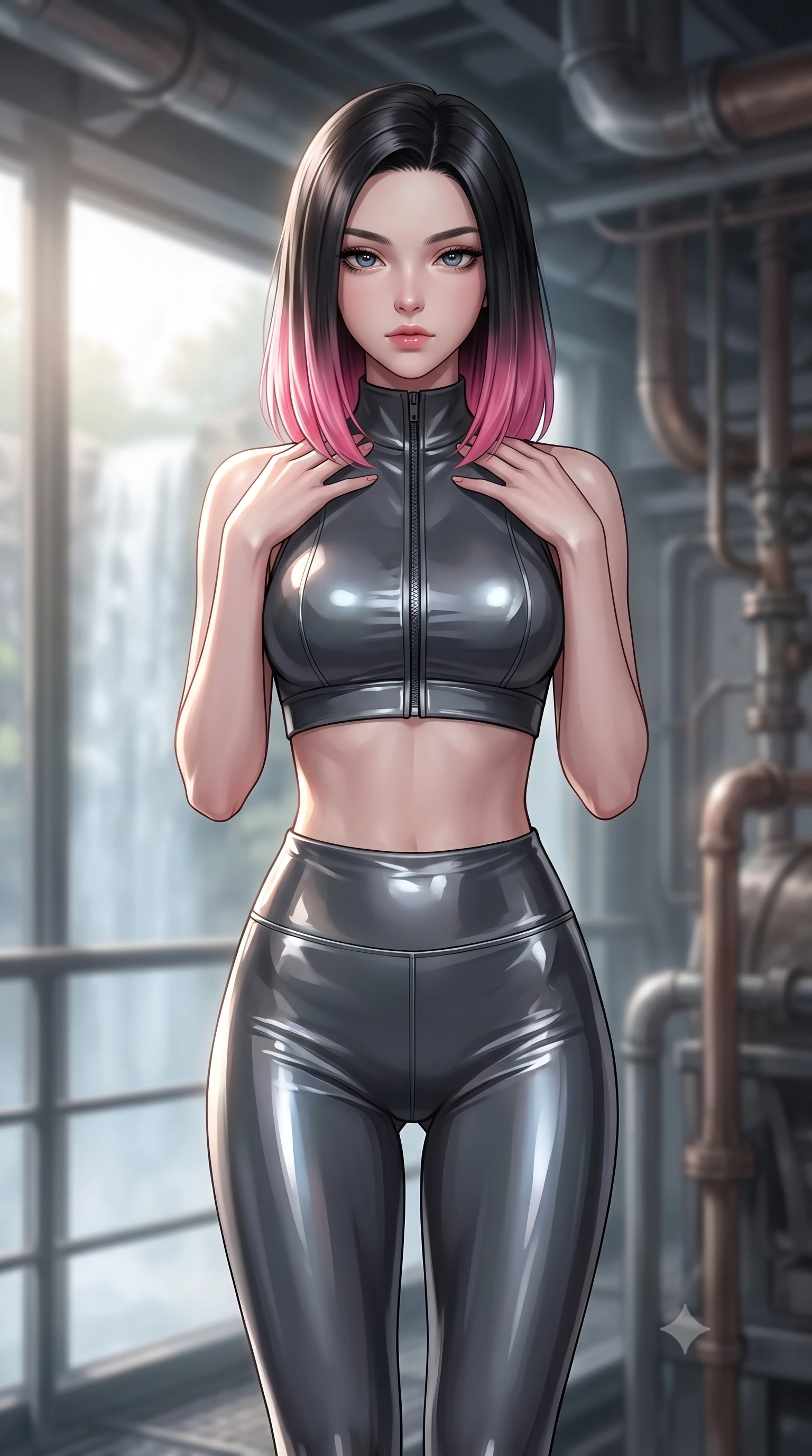 score_9, masterpiece, best quality, ultra-detailed, high-budget anime keyframe, editorial fashion photography, tasteful artistic composition, Korean woman. close-up cowboy shot from the waist and thighs up, the character dominates the composition, filling the frame with her large presence, background elements kept in soft focus. standing in a relaxed, elegant posture with both hands resting lightly on her collarbone, looking at the viewer with bedroom-eyes, the background shows a soft-focus a steam engine turbine deck facing a misty waterfall of cooling water. She has an exceptionally elegant, slender, and willowy female figure with an ultra-slim waist, a gracefully sculpted slender torso, and a refined silhouette. sharp v-shaped jawline, high-bridge nose, intricate jewel-like eyes with depth, thick eyelashes, glossy lips with a natural sheen. wearing a body-hugging body-hugging high-neck activewear set of a zipped long-sleeve crop top and matching leggings in carbon-grey. soft morning mist diffusing the sunlight, creating a tranquil, cozy wash. ultra-reflective glossy finish, specular highlights, metallic sheen, high-contrast stereoscopic depth, volumetric dynamic lighting, 2k, ultra detail, master piece, 9:16 ratio