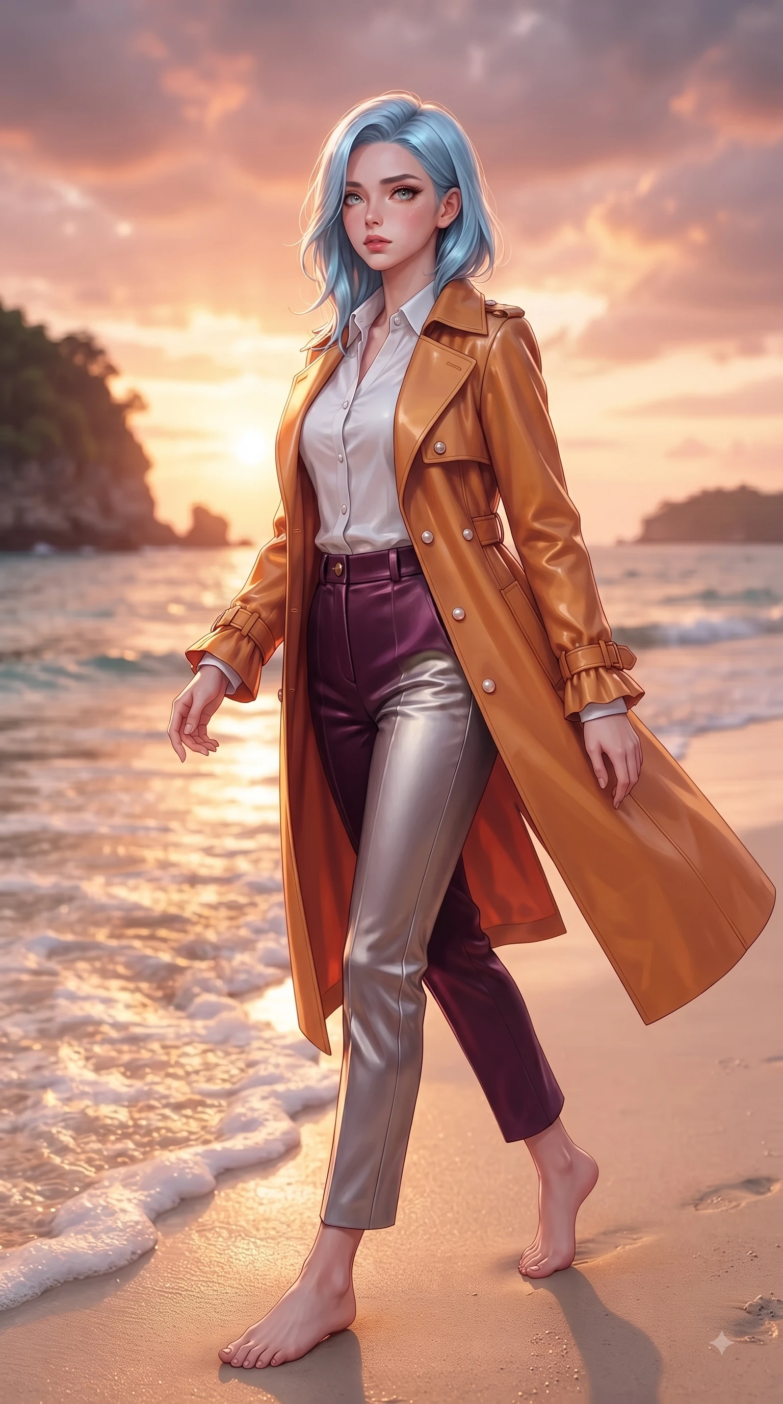 score_9, masterpiece, best quality, ultra-detailed, high-budget anime keyframe, editorial fashion photography, tasteful artistic composition, Korean woman. close-up cowboy shot from the waist and thighs up, the character dominates the composition, filling the frame with her large presence. Subtle lingering regret in her eyes, looking back over her shoulder with an emotional, reluctant glance while stepping along a secluded white sand beach as warm golden tide foam sweeps near her feet. The composition keeps background elements in soft focus with dreamy bokeh. dramatic sea cliffs and distant island horizons softened in romantic shallow focus. She has an exceptionally elegant, slender, and willowy female figure with an ultra-slim waist, a gracefully sculpted slender torso, and a refined silhouette. sharp v-shaped jawline, high-bridge nose, intricate jewel-like eyes with depth, thick eyelashes, glossy lips with a natural sheen, flawlessly proportioned anatomical accuracy, natural body alignment, perfectly sculpted elegant limbs, clean dynamic posture without body distortion. wearing a stylish sunset amber trench coat over a crisp white shirt and tailored trousers in rich plum violet and metallic platinum, made of premium stretch velvet with a rich glossy sheen, accented with delicate pearl buttons and refined ruffle trims, the chic fashion cut framing her graceful clavicle and slender torso. illuminated by a dramatic rose-gold sky glow with vivid rim highlights. ultra-reflective glossy finish, specular highlights, metallic sheen, high-contrast stereoscopic depth, volumetric dynamic lighting, 2k, ultra detail, master piece, 9:16 ratio