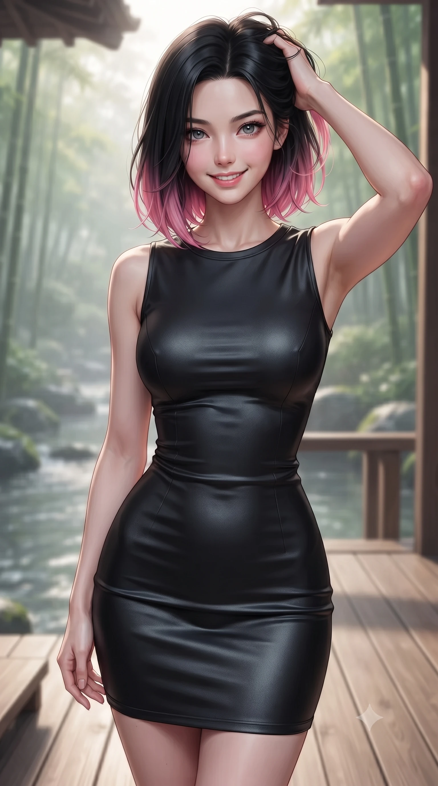 score_9, masterpiece, best quality, ultra-detailed, high-budget anime keyframe, editorial fashion photography, tasteful artistic composition, Korean woman woman. close-up cowboy shot from the waist and thighs up, the character dominates the composition, filling the frame with her large presence, background elements kept in soft focus. smiling with quiet, magnetic self-assurance directly into the camera, running a hand through her hair the background shows a soft-focus a wooden deck of a traditional Japanese inn overlooking a quiet stream and bamboo grove. She has an exceptionally elegant, slender, and willowy female figure with an ultra-slim waist, a gracefully sculpted slender torso, and a refined silhouette. sharp v-shaped jawline, high-bridge nose, intricate jewel-like eyes with depth, thick eyelashes, glossy lips with a natural sheen. wearing a body-hugging form-fitting black bodycon dress in structured crepe fabric with a simple crew neck. soft morning mist diffusing the sunlight, creating a tranquil atmosphere. ultra-reflective glossy finish, specular highlights, metallic sheen, high-contrast stereoscopic depth, volumetric dynamic lighting, 2k, ultra detail, master piece, 9:16 ratio